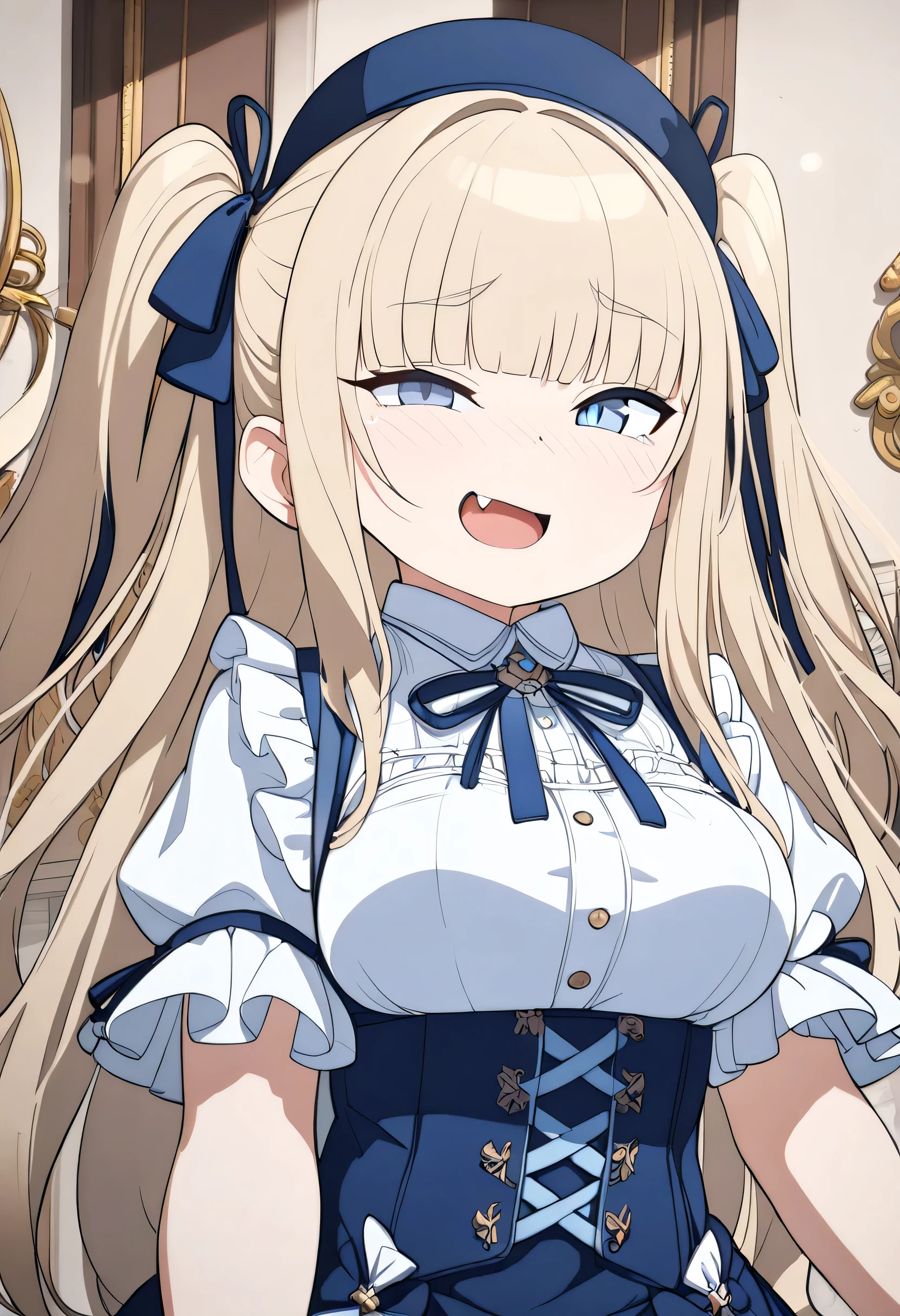 (ultra-detailed),( cute girl,li:1.4),( white blouse:1.1),(Chest ribbon,navy blue corset skirt:1.1),( Light Blue Eyes , female ,Squint your eyes and laugh:1.5),Cat mouth,Fang,( blondes, Two Side Up ,blunt bangs:1.1), very big breasts,Big thighs, cowboy shot,(8k, best quality, masterpiece, clear, ultra high res, super detail, accurate, high details, highres icon,,Detailed face)
