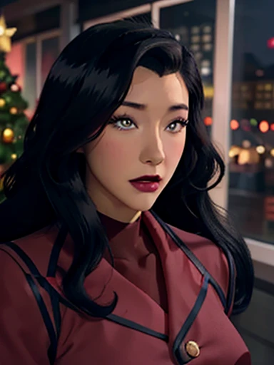 Asami Sato long wavy black hair ,  blue eyes pink cheeks full lips and dark makeup cute face looking at the spectator,  big boobs, Christmas, Little tree with lights and ornaments , 8k wallpaper 