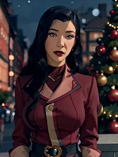 Asami Sato long wavy black hair ,  blue eyes pink cheeks full lips and dark makeup cute face looking at the spectator,  big boobs, Christmas, Little tree with lights and ornaments , 8k wallpaper 