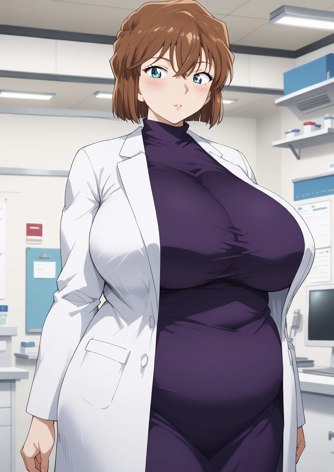 Shiho Miyano, Miyano Shiho, short hair,Brown Hair, blue eyes,hair between eyes,lab coat, Mulberry dress, long sleeve dress, mini skirt dress, score_9,   score_8_ up,   score_7_ up,   score_6_ up,   score_5_ up,   score_4_ up,     masterpiece   ,   top quality,     very aesthetic  ,    absurd,    source_Anime, Anime screencap,    one woman , Alone,   personal   ,  Super huge breasts, (((S uper huge クレビス, Super huge , Super huge boob))), Curvy,   in her 20s,  Mature Woman,   obese , ,  troubled expression,  