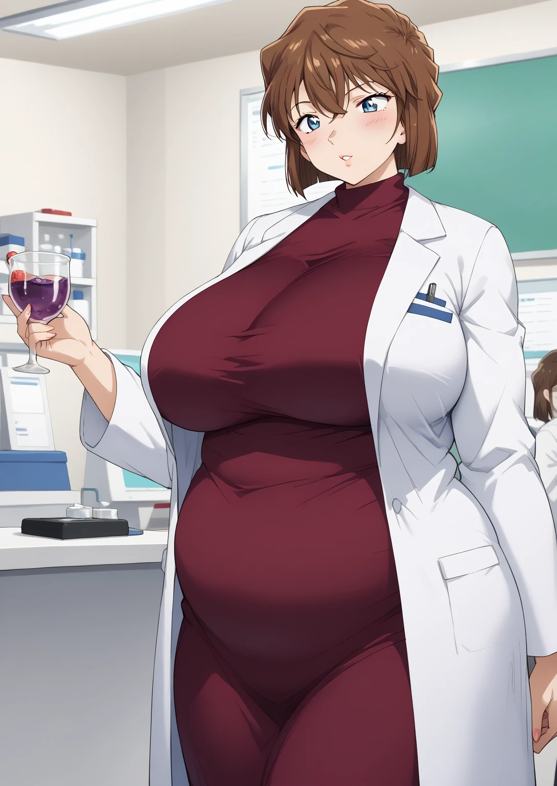 Shiho Miyano, Miyano Shiho, short hair,Brown Hair, blue eyes,hair between eyes,lab coat, Mulberry dress, long sleeve dress, mini skirt dress, score_9,   score_8_ up,   score_7_ up,   score_6_ up,   score_5_ up,   score_4_ up,     masterpiece   ,   top quality,     very aesthetic  ,    absurd,    source_Anime, Anime screencap,    one woman , Alone,   personal   ,  Super huge breasts, (((S uper huge クレビス, Super huge , Super huge boob))), Curvy,   in her 20s,  Mature Woman,   obese , ,  troubled expression,  