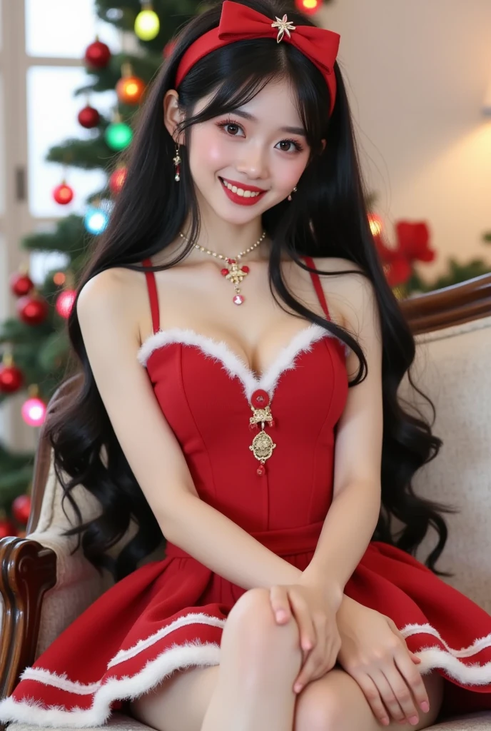 Japanese Idol， beautiful eyes， red face ，Smile，teeth， long black hair+ red headband，Alone， sits on the couch，Put your legs on the sofa, sock，  Christmas,  Christmas ornaments ,  colorful, Colored bulbs, Movie,  Red tight dress+Raw edge decoration 
