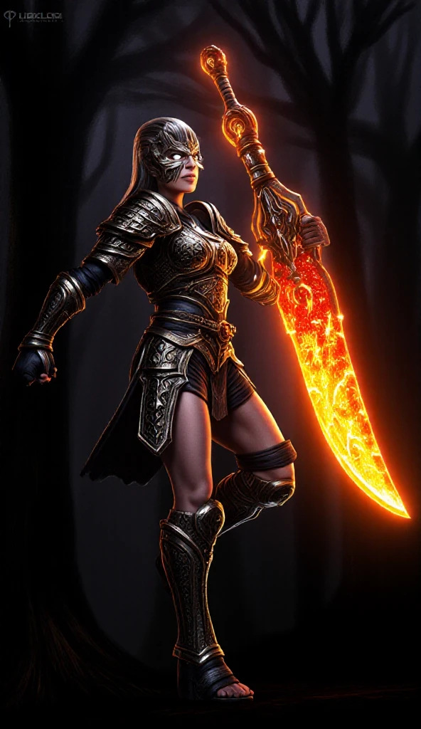 (best quality, 128k,highres,masterpiece:1.2),ultra-detailed,(realistic,photorealistic,photo-realistic:1.37), A fierce warrior wielding a glowing, incandescent sword. She stands tall and powerful, her armor reflecting the fiery light of the blade. Her expression is determined and fierce, ready for battle. The sword’s glow illuminates the surrounding dark, creating an intense contrast. Her posture exudes strength, and the atmosphere is charged with energy. a dark forest background 