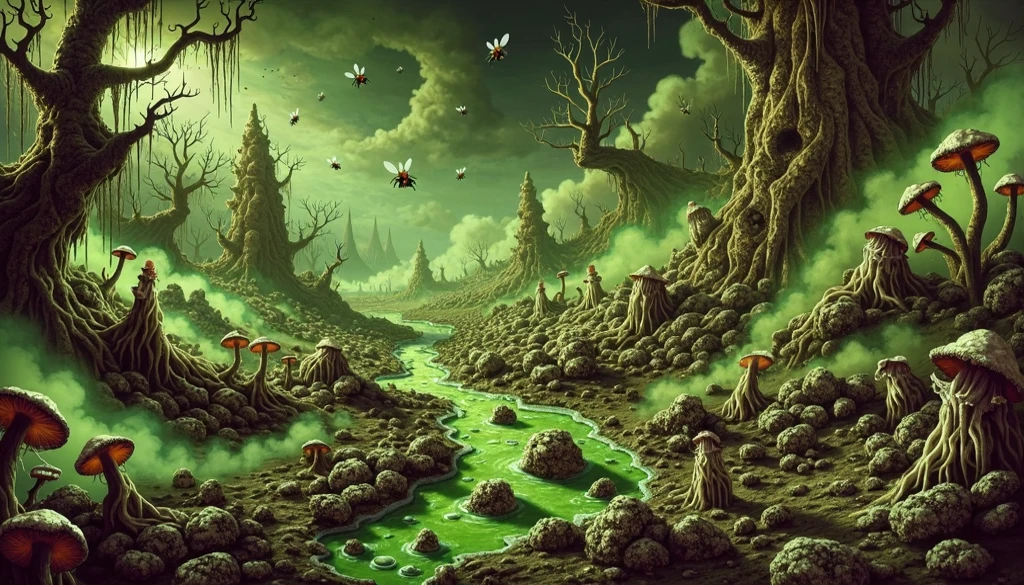 AA grimdark toxic wasteland. The ground is covered in slimy, oozing substances. The air is covered by a green toxic smoke. mutated fungus cover the soil. A lot of flies flying in the air.