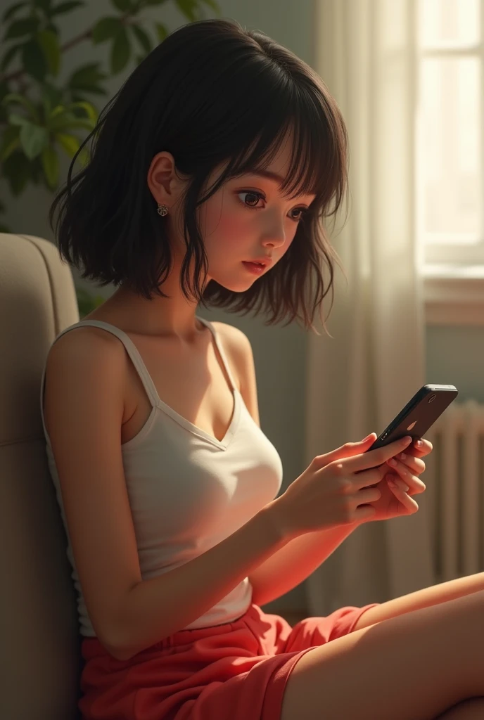Close up portrait of a person sitting on a bench naked with a mobile phone, ❤🔥🍄🌪, black hime-cut hair,