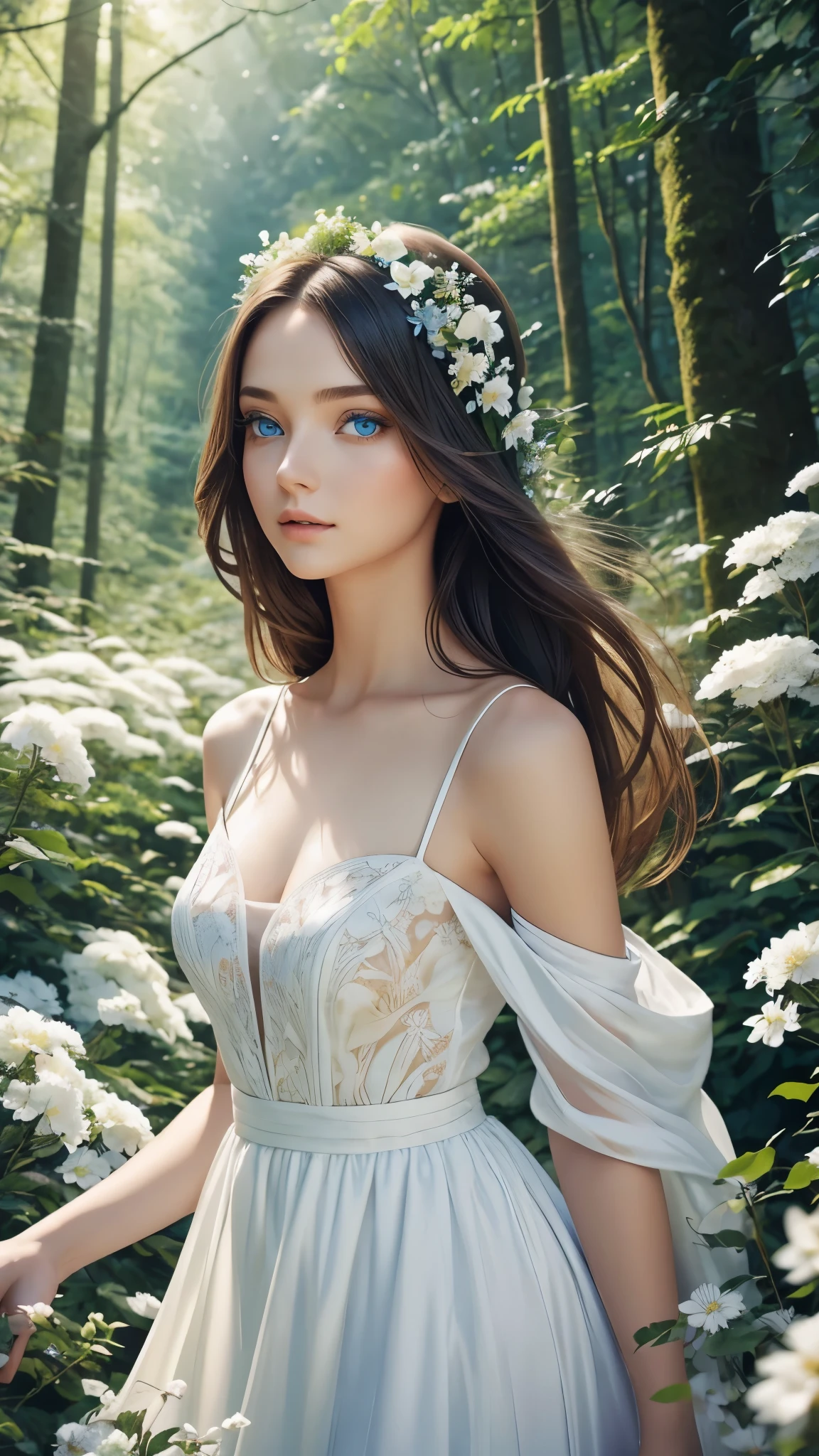 Beautiful black-haired woman with blue eyes wearing white dress in a beautiful forest full of flowers