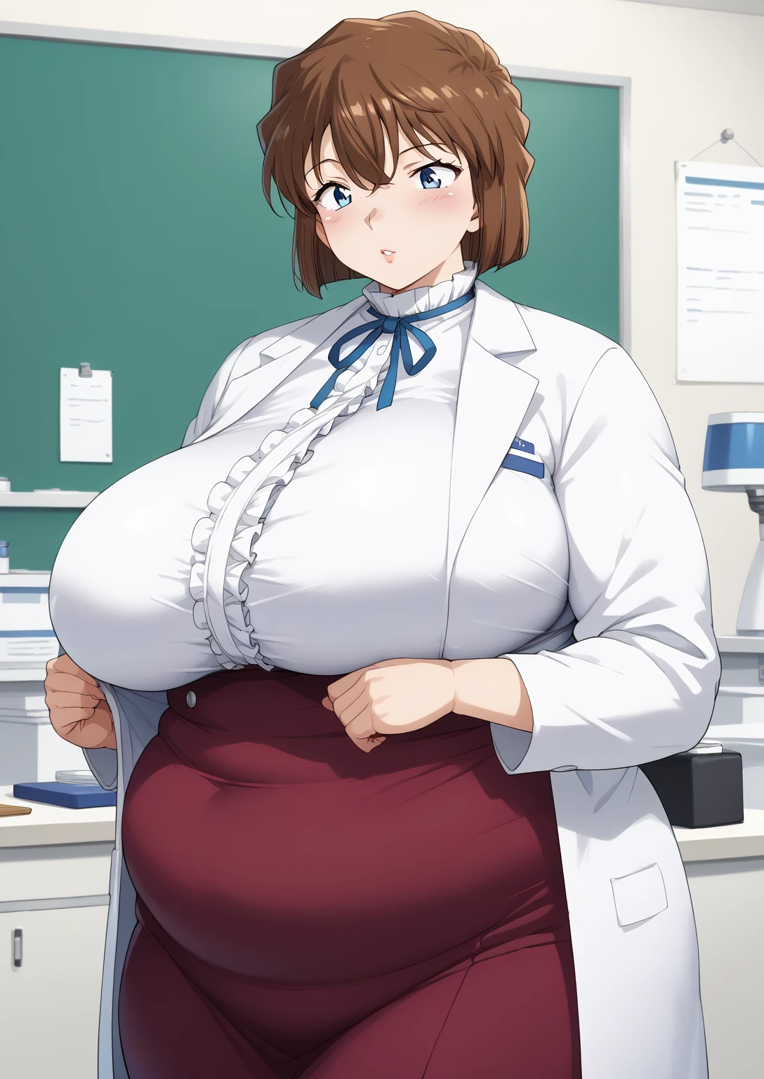 Shiho Miyano, Miyano Shiho, short hair,Brown Hair, blue eyes,hair between eyes,lab coat, Mulberry dress, long sleeve dress, mini skirt dress, score_9,   score_8_ up,   score_7_ up,   score_6_ up,   score_5_ up,   score_4_ up,     masterpiece   ,   top quality,     very aesthetic  ,    absurd,    source_Anime, Anime screencap,    one woman , Alone,   personal   ,  Super huge breasts, (((S uper huge クレビス, Super huge , Super huge boob))), Curvy,   in her 20s,  Mature Woman,   obese , ,  troubled expression,  