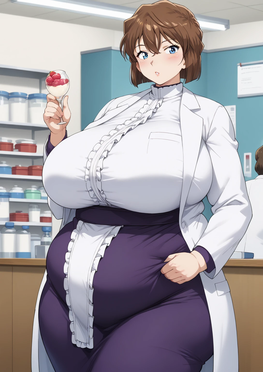 Shiho Miyano, Miyano Shiho, short hair,Brown Hair, blue eyes,hair between eyes,lab coat, Mulberry dress, long sleeve dress, mini skirt dress, score_9,   score_8_ up,   score_7_ up,   score_6_ up,   score_5_ up,   score_4_ up,     masterpiece   ,   top quality,     very aesthetic  ,    absurd,    source_Anime, Anime screencap,    one woman , Alone,   personal   ,  Super huge breasts, (((S uper huge クレビス, Super huge , Super huge boob))), Curvy,   in her 20s,  Mature Woman,   obese , ,  troubled expression,  