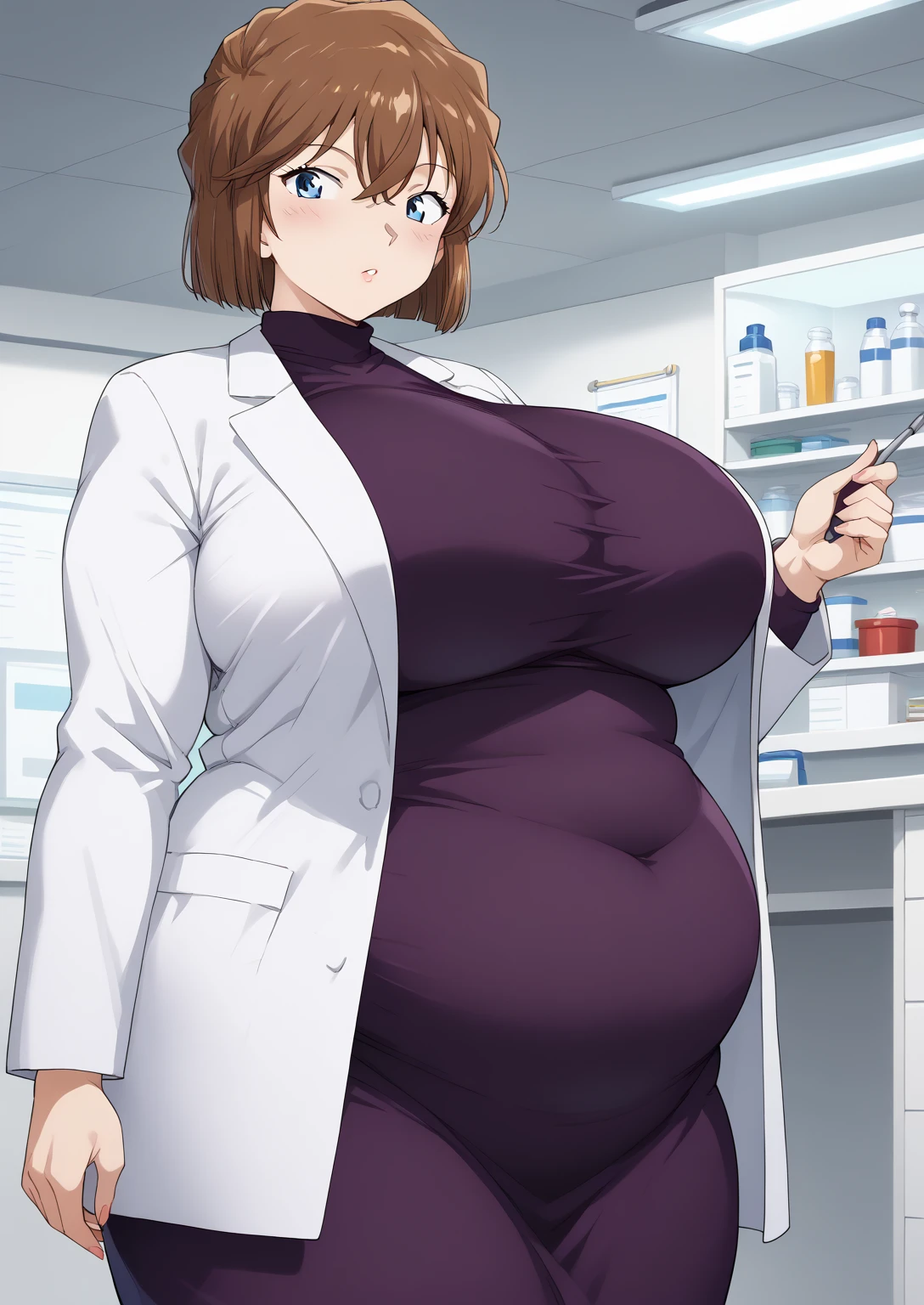 Shiho Miyano, Miyano Shiho, short hair,Brown Hair, blue eyes,hair between eyes,lab coat, Mulberry dress, long sleeve dress, mini skirt dress, score_9,   score_8_ up,   score_7_ up,   score_6_ up,   score_5_ up,   score_4_ up,     masterpiece   ,   top quality,     very aesthetic  ,    absurd,    source_Anime, Anime screencap,    one woman , Alone,   personal   ,  Super huge breasts, (((S uper huge クレビス, Super huge , Super huge boob))), Curvy,   in her 20s,  Mature Woman,   obese , ,  troubled expression,  