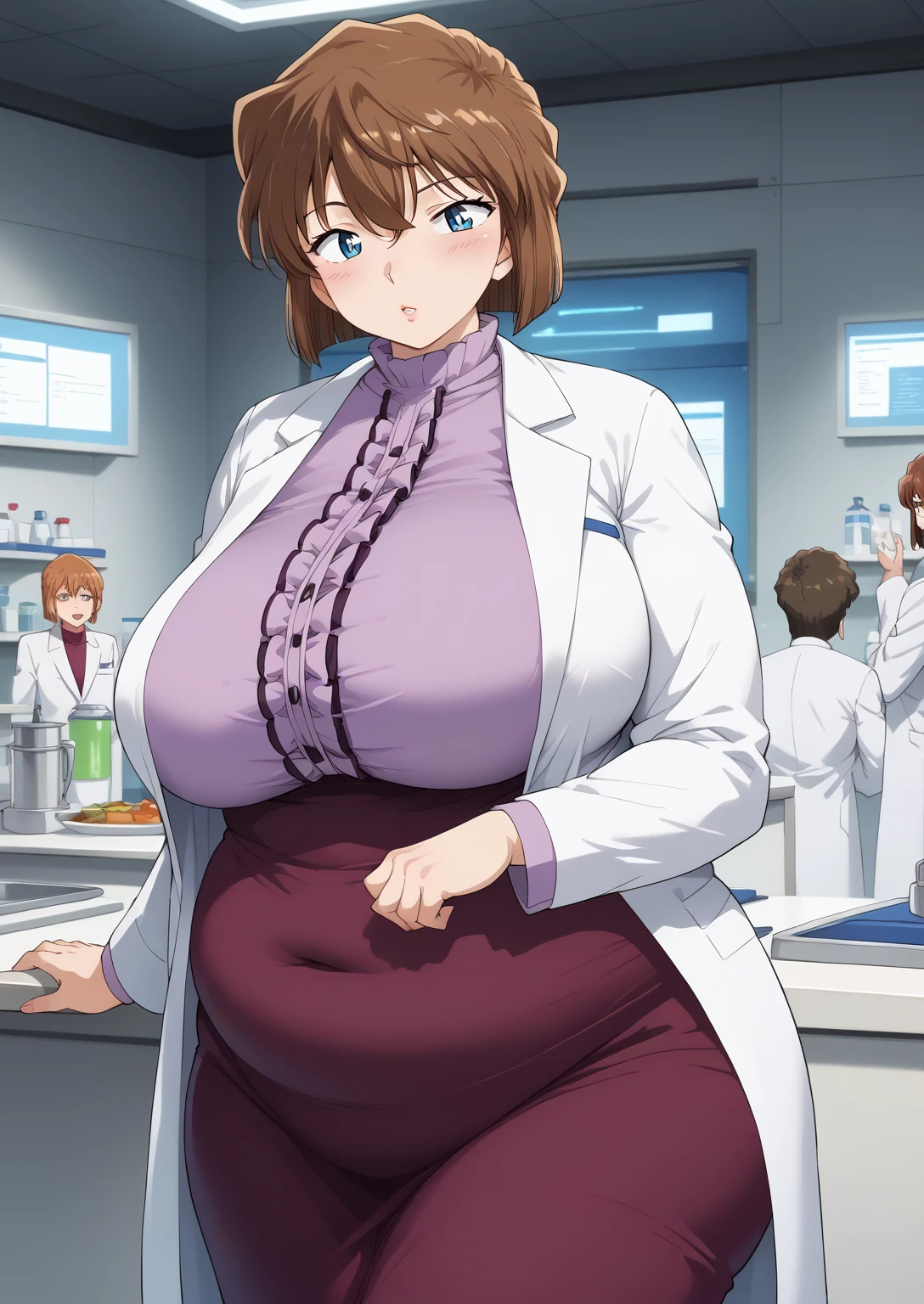 Shiho Miyano, Miyano Shiho, short hair,Brown Hair, blue eyes,hair between eyes,lab coat, Mulberry dress, long sleeve dress, mini skirt dress, score_9,   score_8_ up,   score_7_ up,   score_6_ up,   score_5_ up,   score_4_ up,     masterpiece   ,   top quality,     very aesthetic  ,    absurd,    source_Anime, Anime screencap,    one woman , Alone,   personal   ,  Super huge breasts, (((S uper huge クレビス, Super huge , Super huge boob))), Curvy,   in her 20s,  Mature Woman,   obese , ,  troubled expression,  