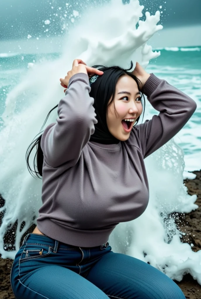  close-up picture .  taiwan woman in simple hijab. Long jeans.  in front of the camera . Elegant elegant aesthetic style . nice detail .  And nice .  On The Rock. .  Mixed expression of delight and excessive laughter  .  Both arms in straight up lift. Both arms straight up  . armpit visible. hands on head. white waves hit her body from behind. Background on rocky beach .  blue sea waves flying in the air.  and her expression a mixture of shock and humor . during the day in a realistic style ,  but the scene has a funny comic effect and exaggeration adds to the humor of the situation. CCTV footage .  Low light