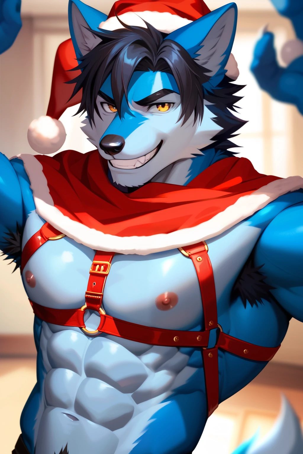 Veemon, Digimon, very muscular, bodybuilder, huge hulking physique, hyper muscle, abs, huge pectorals, huge biceps, christmas, tight christmas sweater, christmas tree, living room, lamp, christmas stocking, waist up