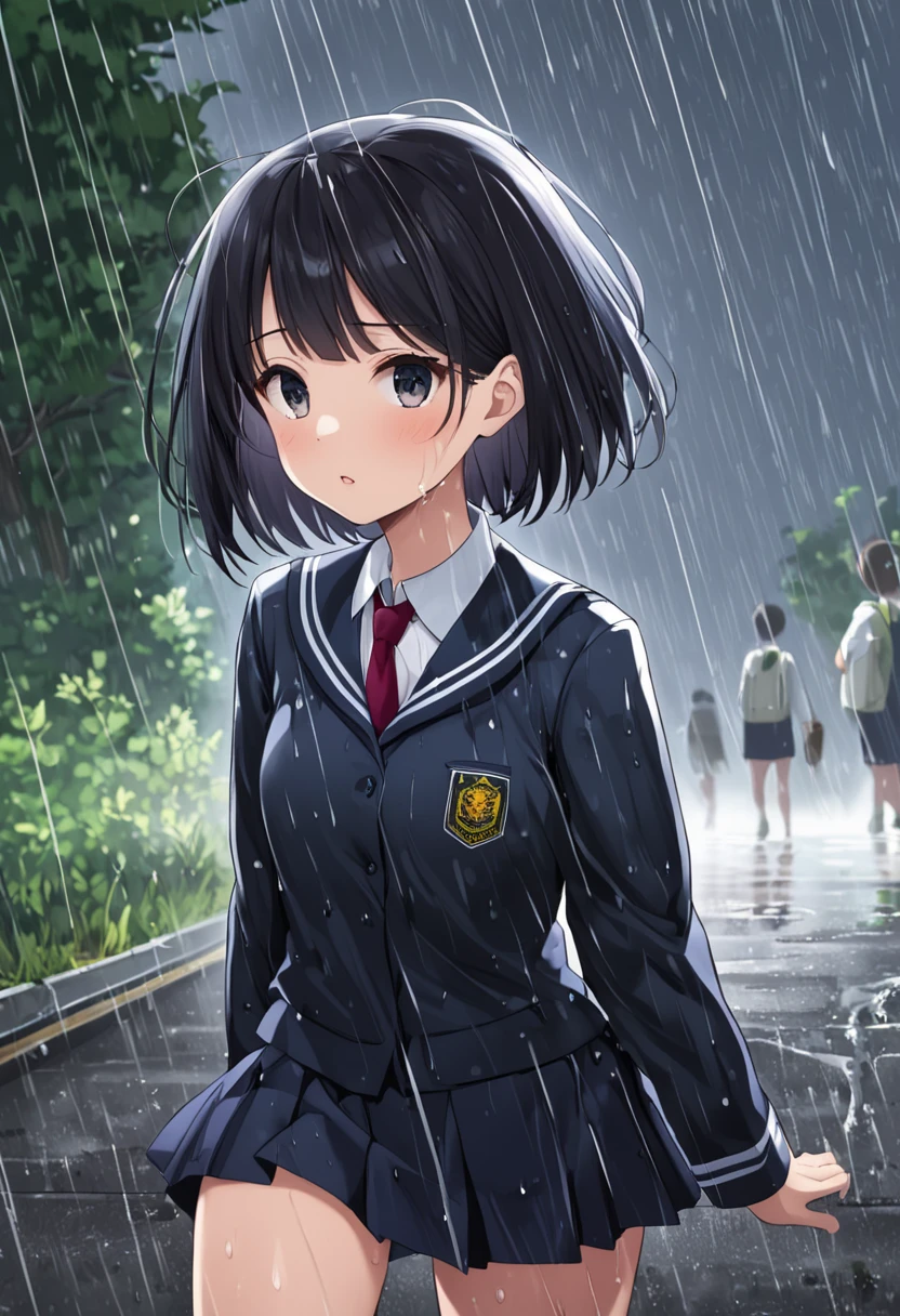 A girl with medium tits and short hair was wearing a school uniform and was getting caught in the rain