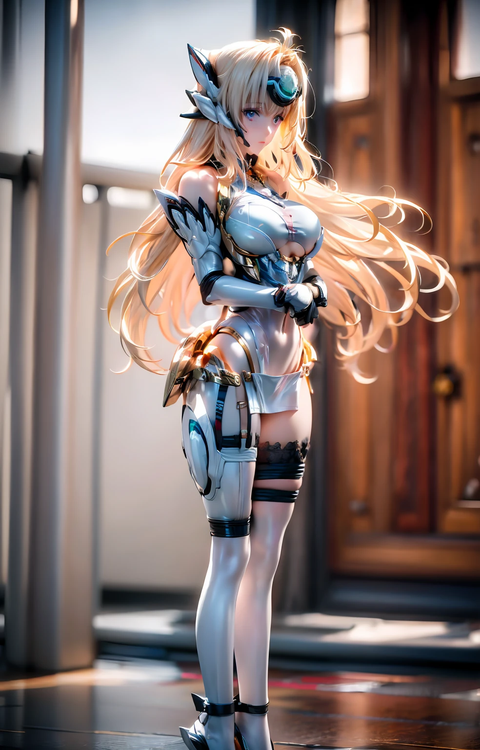 Outstanding，Super Detail, High Detail, high quality, best quality, High resolution，1 female robot，Beautiful female robot,beautiful clear face(Rain waves_haneame：1.5),Mechanical body(Smooth metal surface，armor，Mechanical seams of skin，beautiful body curves)，High-tech mechanical armor(Same color as the picture，Mechanical Technology，Highlight breast contour)