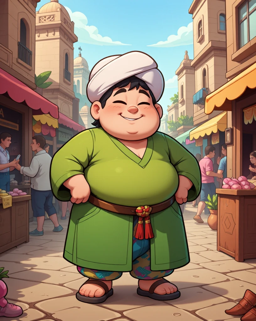 Introduce a cartoon character who looks like a friendly, chubby merchant in a green robe, white turban and colourful trousers.

