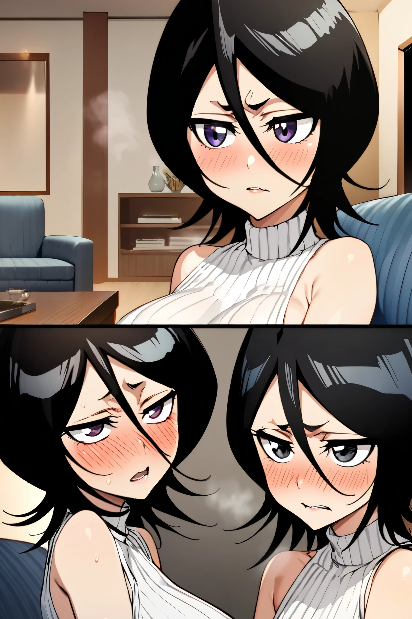 NSFW,masterpiece, top quality , high definition , very detailed, Kuchiki Rukia \(BLEACH\), short hair, black hair、 hair between eyes, white turtleneck sweater , sleeveless,Married Woman,Living room at night,Sofa,Embarrassed,blush,Seduce, lustful face,Wisdom face