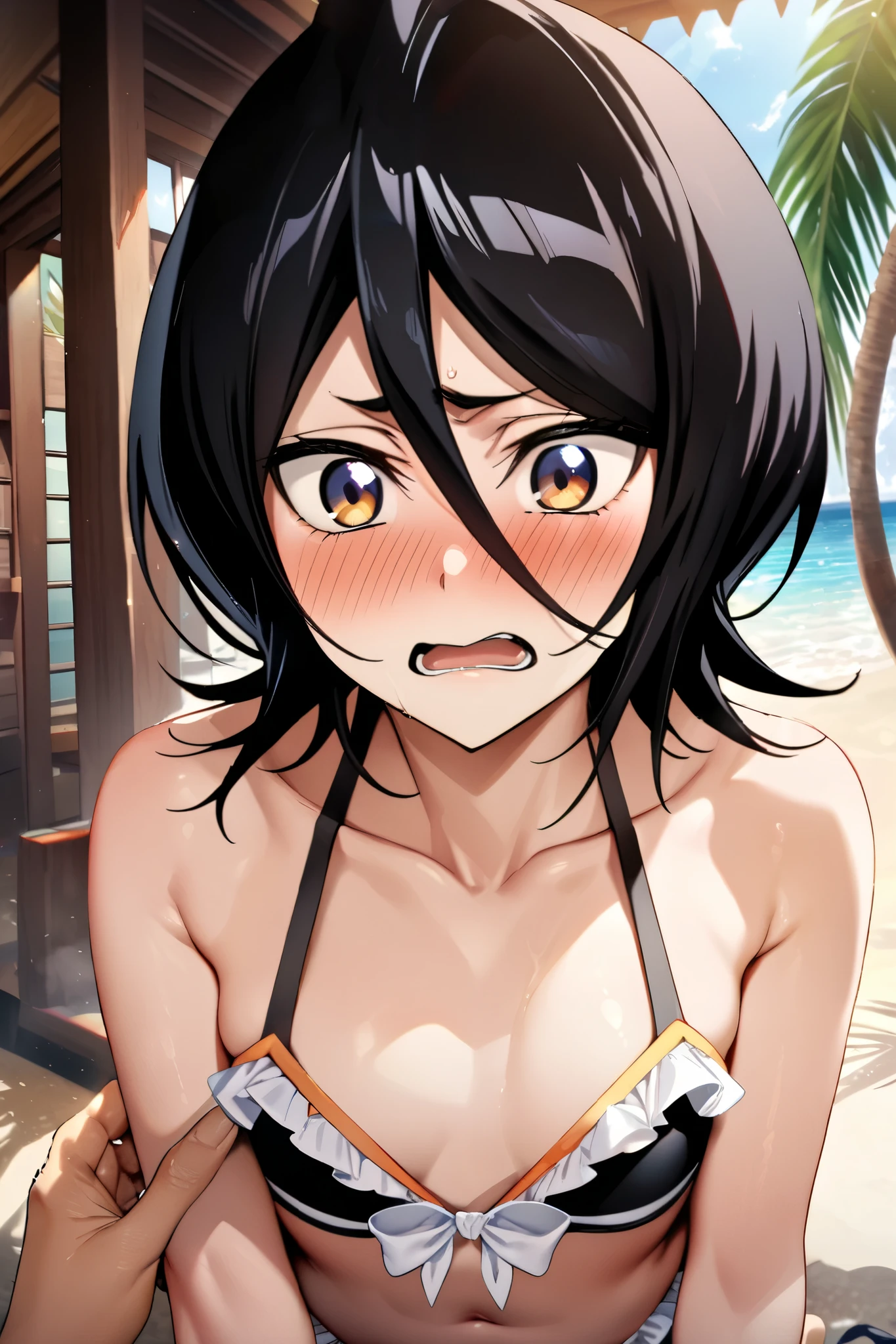 NSFW,masterpiece, top quality , high definition , very detailed, Kuchiki Rukia \(BLEACH\), short hair, black hair、 hair between eyes,Halterneck bikini, frill bikini,Embarrassed,blush,Beach House, palm trees,A man grabs my chest, the expression I feel