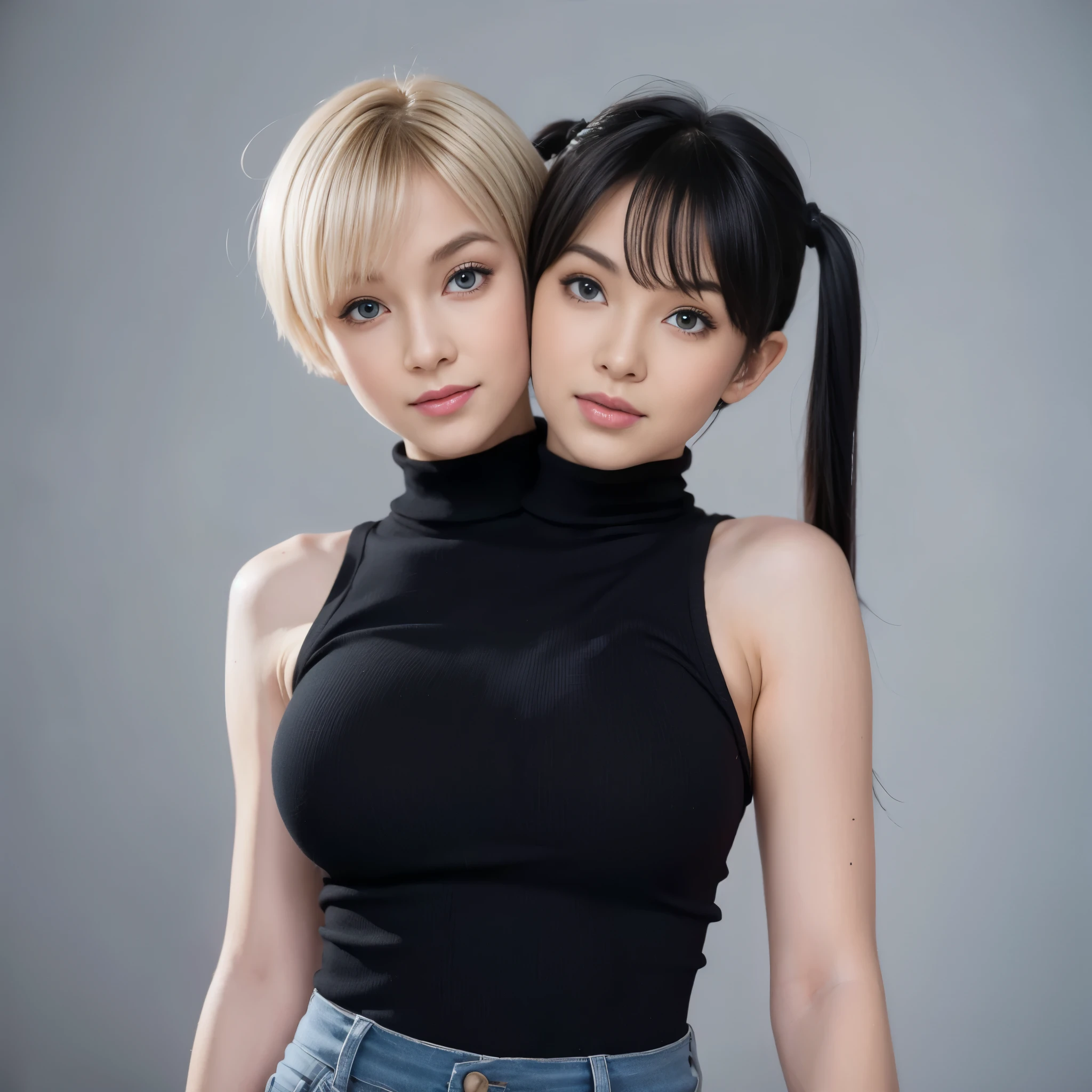best resolution, close-up shot, conjoined, 2heads, woman with two heads, tall, big chest, different hairstyles, short blonde hair, long black hair, pigtails and pixie cut, black turtleneck sleeveless cropped, hands on hips, white baggy pants
