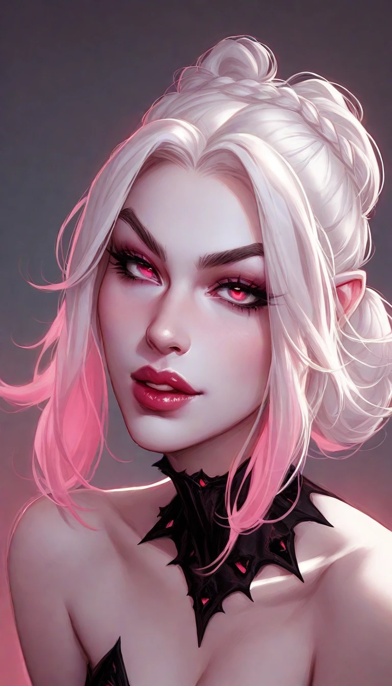 rose, flower, red rose, red flower, 1girl, 25 years old, vampire, pointy ears, pink eyes, white hair, hair flower, hair ornament, pink rose, solo, makeup, lipstick, looking at viewer, colored skin, upper body, medium bust, black rose, black flower