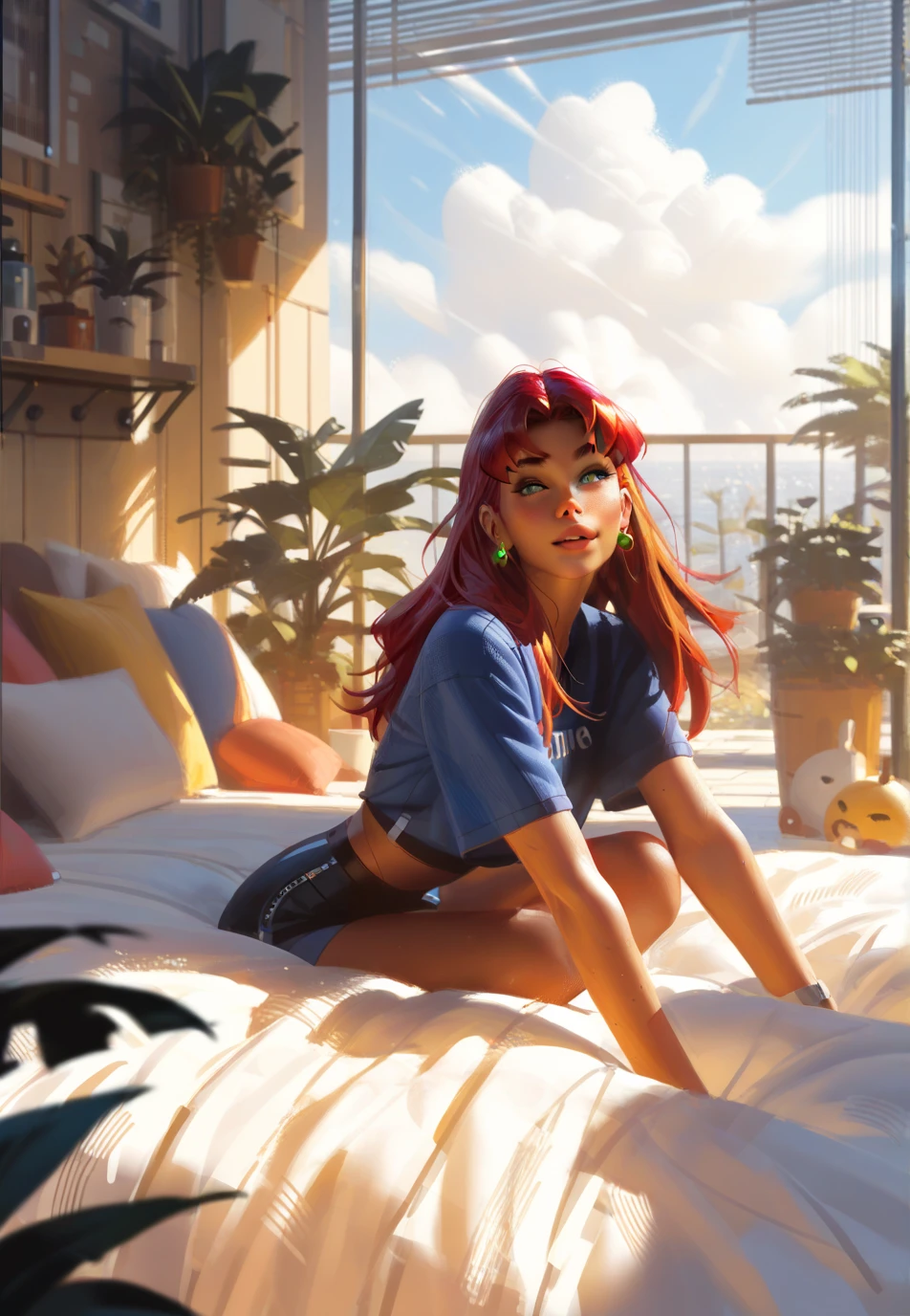  ,Fit to resolution,sce to size,full image,GUWEIZ ARTWORK ,
1. Cinematic Atmosphere:  , STARFIRE , fun,,coolest pose ,, sitting on her bed,balcony window view behind  her, looking away ,best color ,sexy ,nsfw