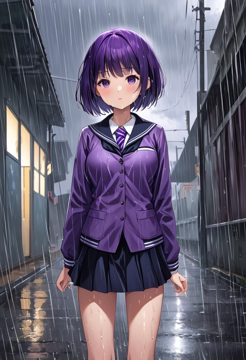 A girl with medium tits and short hair was wearing a school uniform Purple in color and was getting caught in the rain