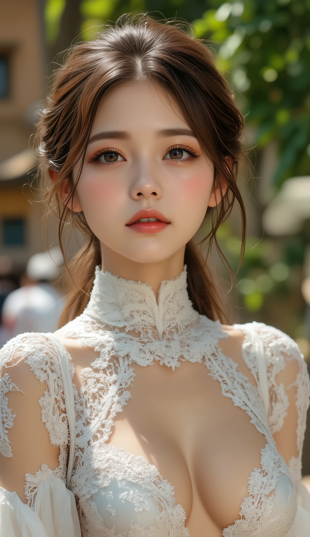 (masterpiece:1.2, highest quality), realistic, (real picture, intricate details, Depth of the bounds written，High-neck clothes), parted lips, very detailed, perfect face, perfect body, large model, mature woman, expensive, long legs, natural bokeh background,Costume with large open chest,revealing costumes,The lower body is only underwear,Only the upper body is dressed,random hairstyles