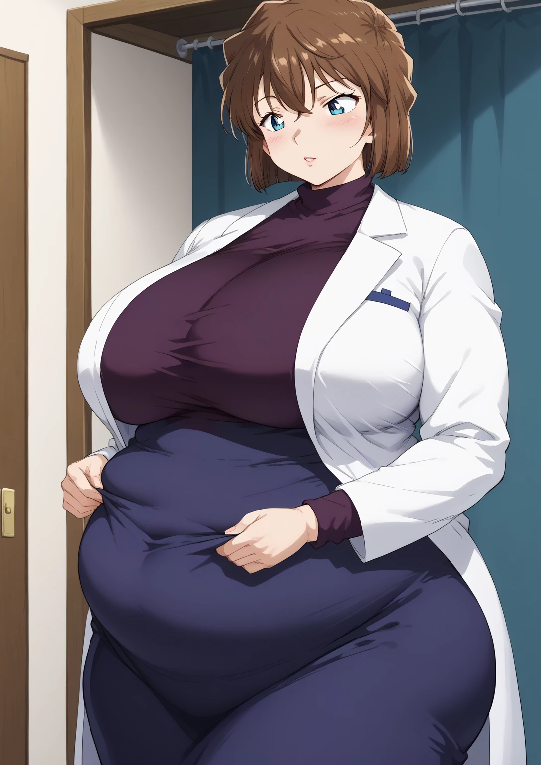 Shiho Miyano, Miyano Shiho, short hair,Brown Hair, blue eyes,hair between eyes,lab coat, Mulberry dress, long sleeve dress, mini skirt dress, score_9,   score_8_ up,   score_7_ up,   score_6_ up,   score_5_ up,   score_4_ up,     masterpiece   ,   top quality,     very aesthetic  ,    absurd,    source_Anime, Anime screencap,    one woman , Alone,   personal   ,  Super huge breasts, (((S uper huge クレビス, Super huge , Super huge boob))), Curvy,   in her 20s,  Mature Woman,   obese , ,  troubled expression,  