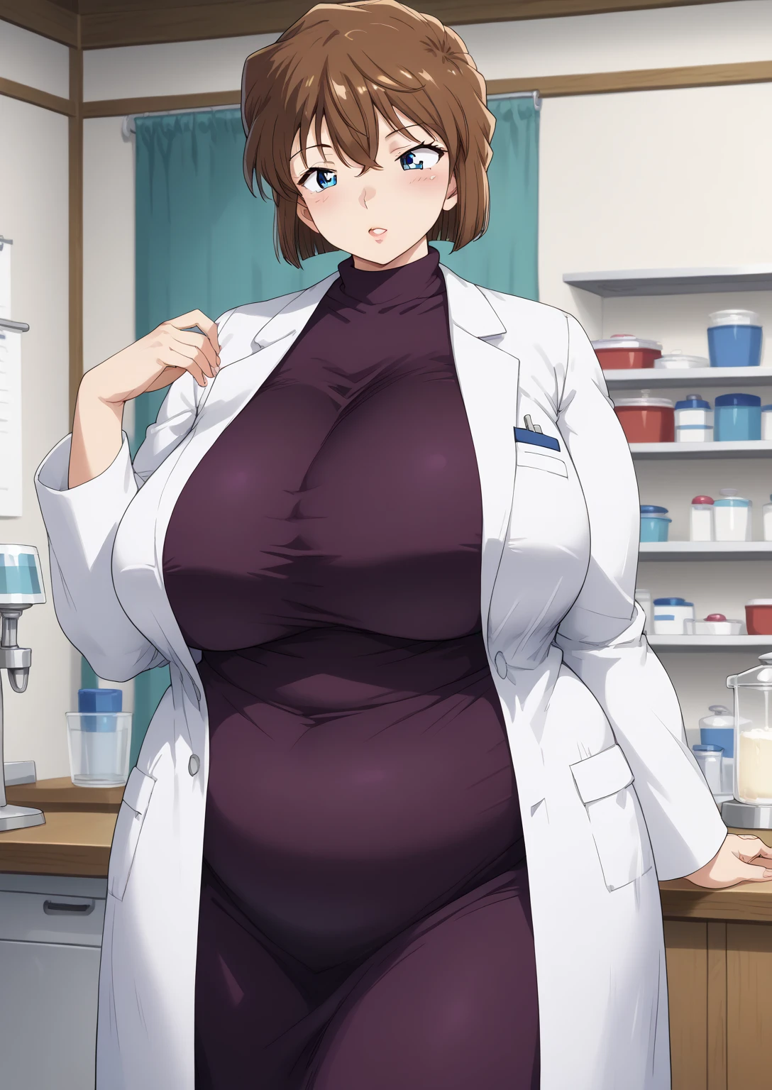 Shiho Miyano, Miyano Shiho, short hair,Brown Hair, blue eyes,hair between eyes,lab coat, Mulberry dress, long sleeve dress, mini skirt dress, score_9,   score_8_ up,   score_7_ up,   score_6_ up,   score_5_ up,   score_4_ up,     masterpiece   ,   top quality,     very aesthetic  ,    absurd,    source_Anime, Anime screencap,    one woman , Alone,   personal   ,  Super huge breasts, (((S uper huge クレビス, Super huge , Super huge boob))), Curvy,   in her 20s,  Mature Woman,   obese , ,  troubled expression,  