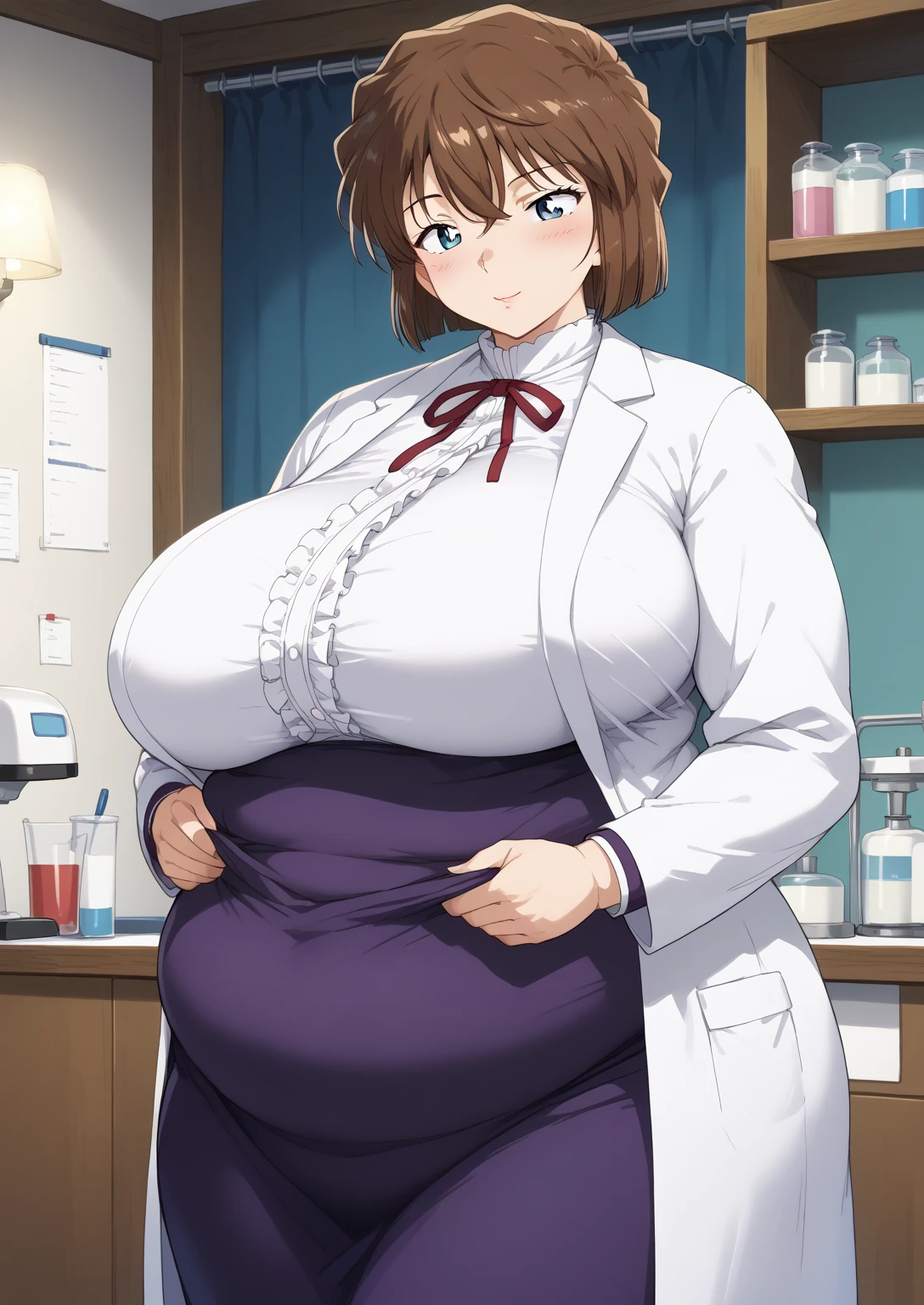 Shiho Miyano, Miyano Shiho, short hair,Brown Hair, blue eyes,hair between eyes,lab coat, Mulberry dress, long sleeve dress, mini skirt dress, score_9,   score_8_ up,   score_7_ up,   score_6_ up,   score_5_ up,   score_4_ up,     masterpiece   ,   top quality,     very aesthetic  ,    absurd,    source_Anime, Anime screencap,    one woman , Alone,   personal   ,  Super huge breasts, (((S uper huge クレビス, Super huge , Super huge boob))), Curvy,   in her 20s,  Mature Woman,   obese , ,  troubled expression,  