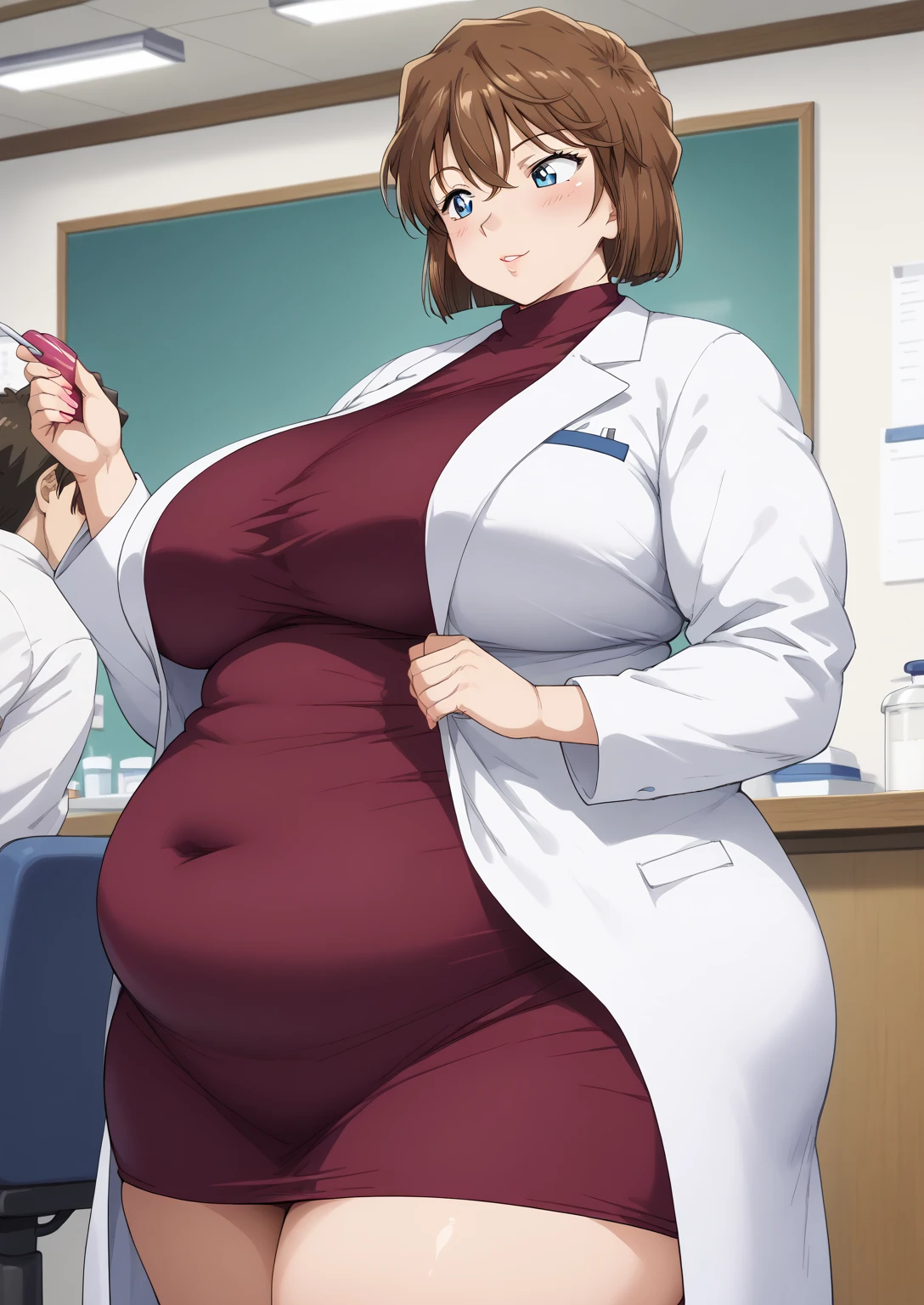 Shiho Miyano, Miyano Shiho, short hair,Brown Hair, blue eyes,hair between eyes,lab coat, Mulberry dress, long sleeve dress, mini skirt dress, score_9,   score_8_ up,   score_7_ up,   score_6_ up,   score_5_ up,   score_4_ up,     masterpiece   ,   top quality,     very aesthetic  ,    absurd,    source_Anime, Anime screencap,    one woman , Alone,   personal   ,  Super huge breasts, (((S uper huge クレビス, Super huge , Super huge boob))), Curvy,   in her 20s,  Mature Woman,   obese , ,  troubled expression,  