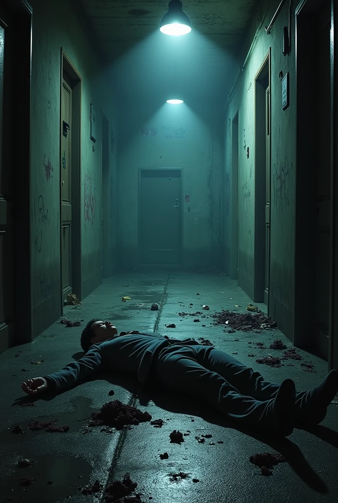 a bloody and gory dead man wearing a backwards baseball cap laying on the ground ripped to shreds in a hallway, nightmare 