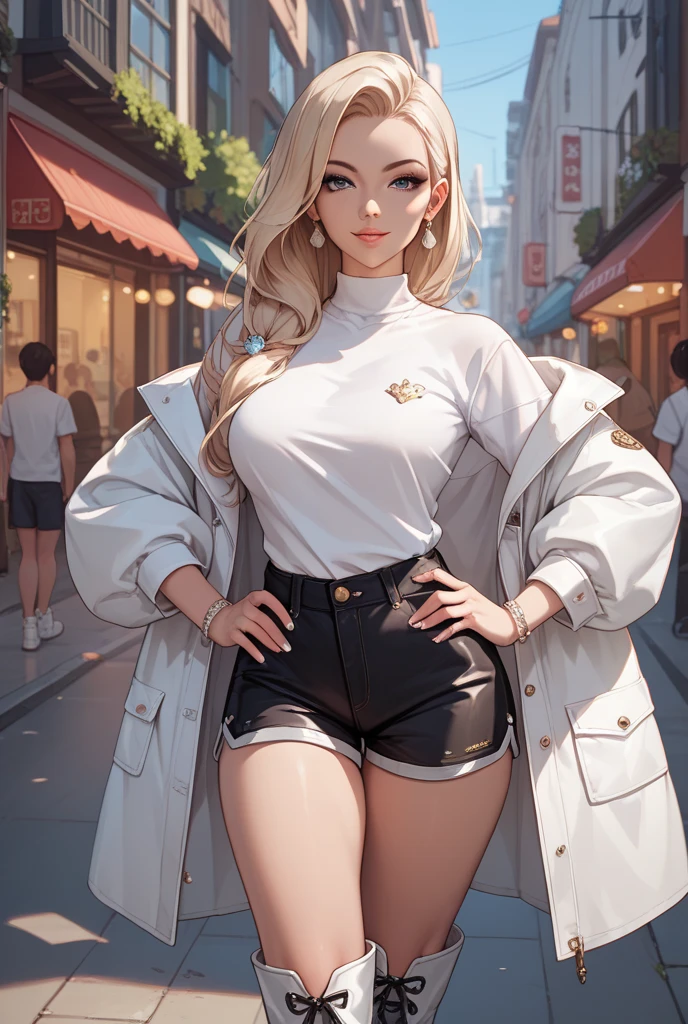 silver long hair girl, street outfit, brown eyes