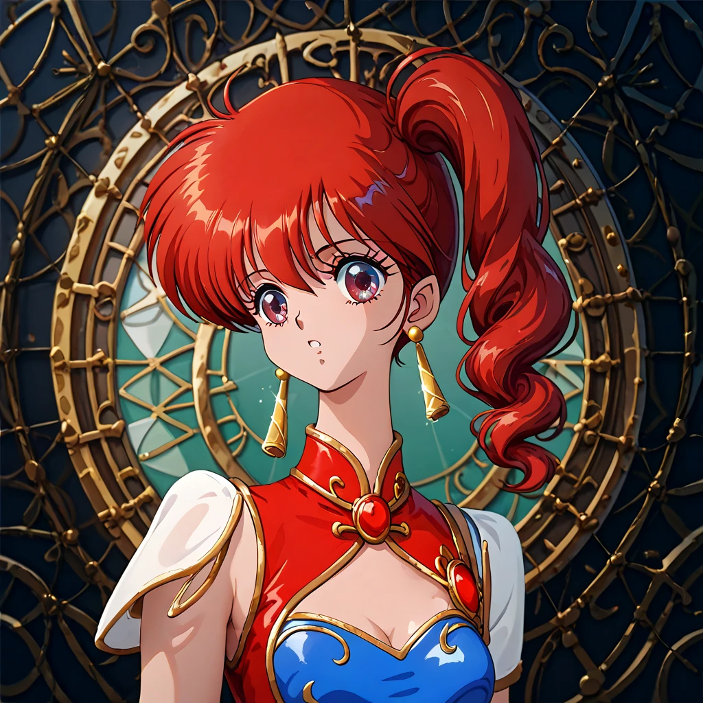 (( top quality )), ((masterpiece)), ( Details), （ perfect face）、Yoko Asagiri with red hair is wearing a gorgeous and sexy Chinese red Chinese dress with gold embroidery and edging