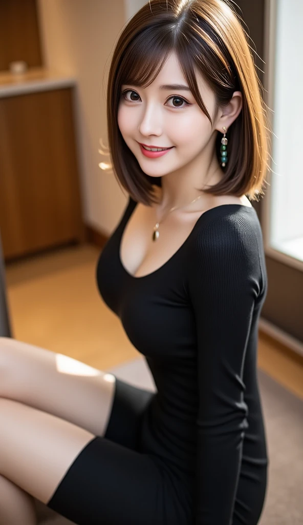 12Ｋ、ＨＤＲ、  Japanese 、 bit depth 10 bits  、   black tight dress、(  realistic  ,   photo realistic  :1.4), masterpiece,     Very Delicate and Beautiful    ,    very detailed,     very detailed目と顔,     beautiful detailed nose ,    beautiful detailed eyes ,    Cinematic Lighting,  light brown hair 、smile、   A woman who exudes mature sex appeal 、クリアホワイトスキン  、   happy face、 Portrait Style 、 full body photo、