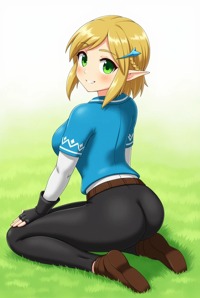 (Muscular:2), ( thick thighs :1.8), 
princess_Zelda_aiwaifu, pointy ears, Braid, hair ornament,  hair clip, fingerless gloves, Blue shirt,  long sleeves , crown Braid, fringe,  black pants ,  green eyes, parted fringe,  short hair, Sides, thick eyebrows, (tight pants:1.3), (big smile),
hard nipples,  small tits ,
 eye shadow , lipstick, diaphragm, , (sitting on the grass:1.3), (Kneeling:0.9),
 Looking at the viewer , (From the back view :1.3),
Hoop lighting,  detailed skin,  detailed eyes, grassy field