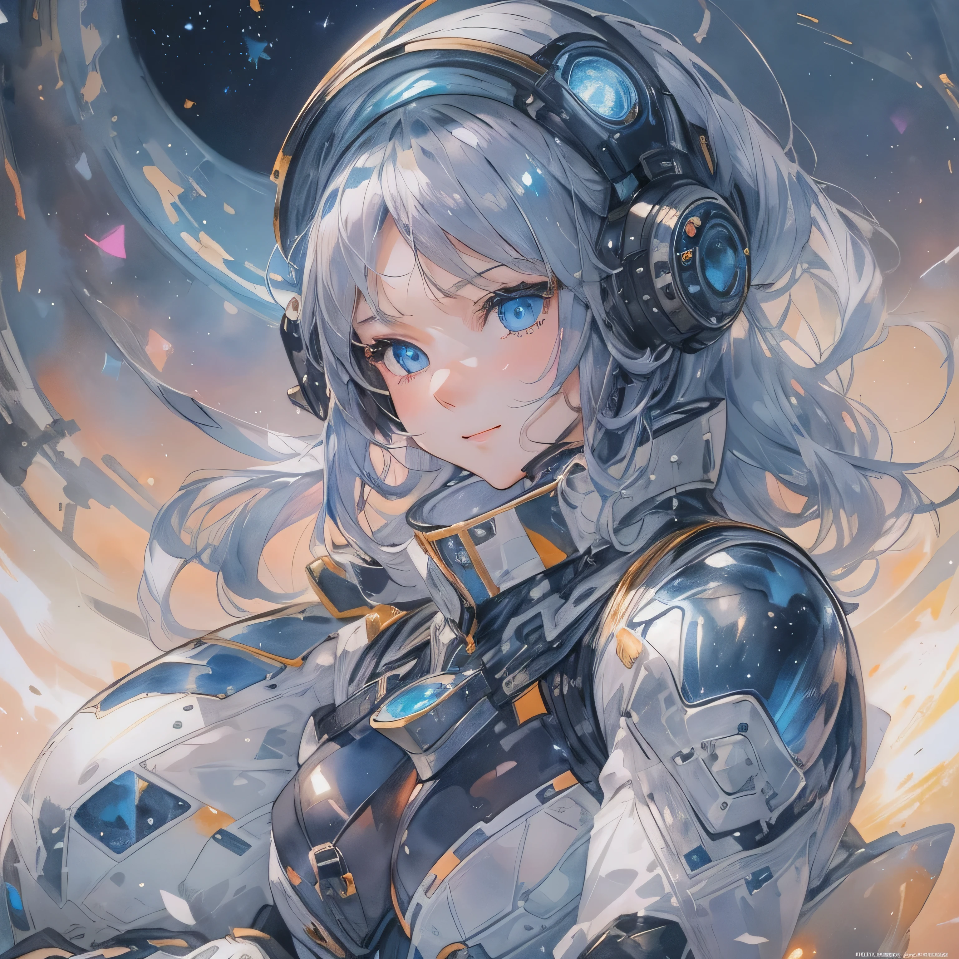 (Holographic glow effect)),(masterpiece、 top quality 、 highest resolution、 clear_image、 Detailed Details): (Whole body、A 20 year old girl、Japanese Faces、 small face、 slender、Navy blue high knot ponytail、(Hidden small breasts:1.3)、 Sparkling Blue Eyes 、 white, blue, and black shiny pilot suit、Chest protection armor、Tight fitting clothes、Clothing that covers the whole body、Glamorous clothes、 tight fit pants 、Hide your skin、 very delicate and beautiful、Detailed Skin、Hide your thighs、Hide your ass、 cute、A gentle smile、Soft expression、heroine、 headset、 long boots、Elbow-length gloves、 eye level shot、Peace talks between warring factions,attention arousal, Clever Blue Eyes,Face directly、 woman on a spaceship ), simple white background 、watercolor、watercolor、 background、Moon in the background