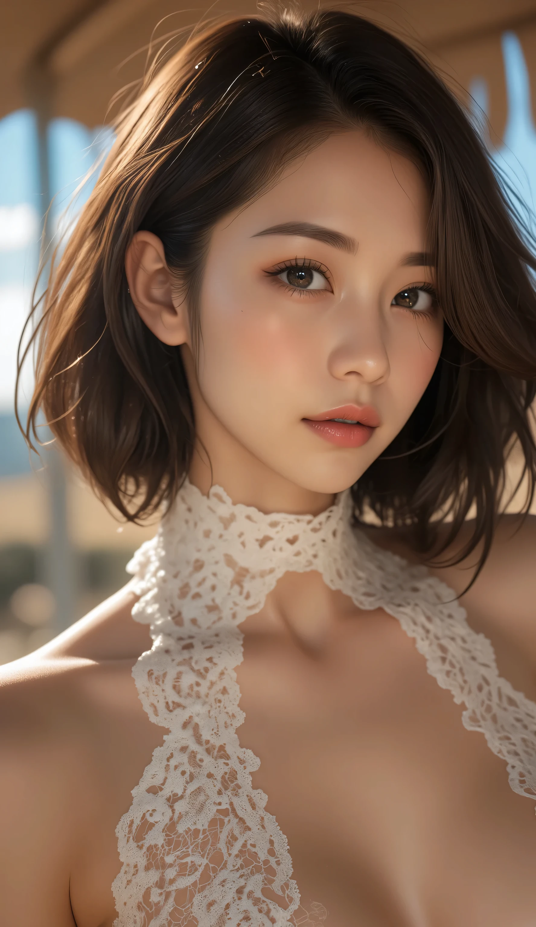 (masterpiece:1.2, highest quality), realistic, (real picture, intricate details, Depth of the bounds written，High-neck clothes), parted lips, very detailed, perfect face, perfect body, large model, mature woman, expensive, long legs, natural bokeh background,Costume with large open chest,revealing costumes,The lower body is only underwear,Only the upper body is dressed,random hairstyles