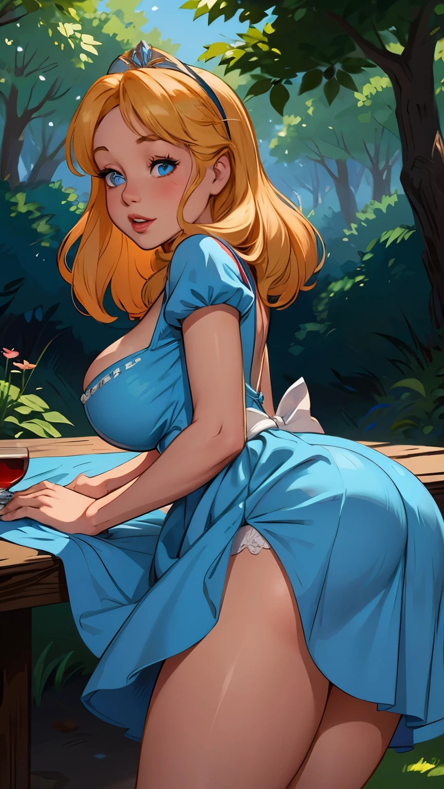 Alice is making out with the Red Queen, both on top of a picnic table, Alice's dress is ripped, her panties pretty tight, very detailed, classic fairy tale, nursery rhyme illustration style, classic Disney vibe, very erotic, Alice's boobs hanging out