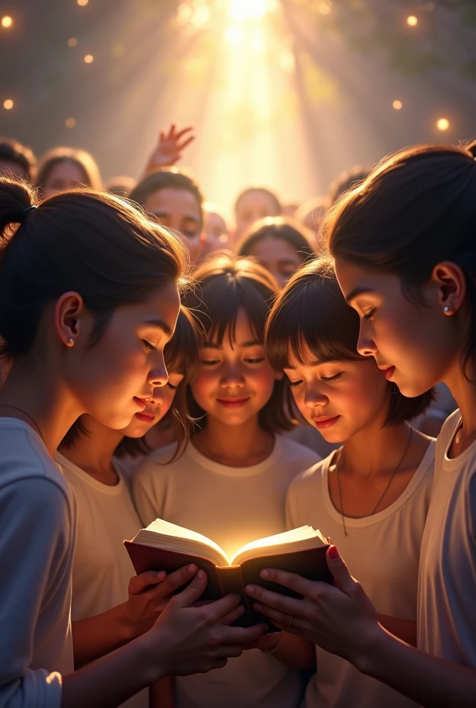 Two young girls holding a bible with children on either side and a heart in the background behind them in Sunday school