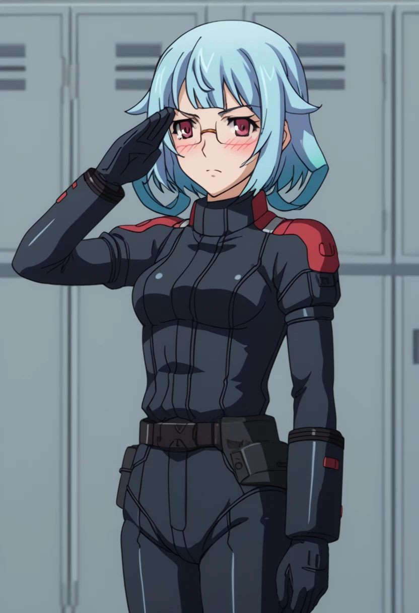 Z Gundam pilot suit, ( black pilot suit for piloting a machine:1.5) 、,score_9、 score_8_ up、 score_7_ up、 Destroys Top Quality 、 Refined details 、  Source Anime  、  1 girl、、solo、Kanzashiki 、 red eyes、 blue hair、Glasses、半縁なしGlasses、、locker room,salute、serious、blush