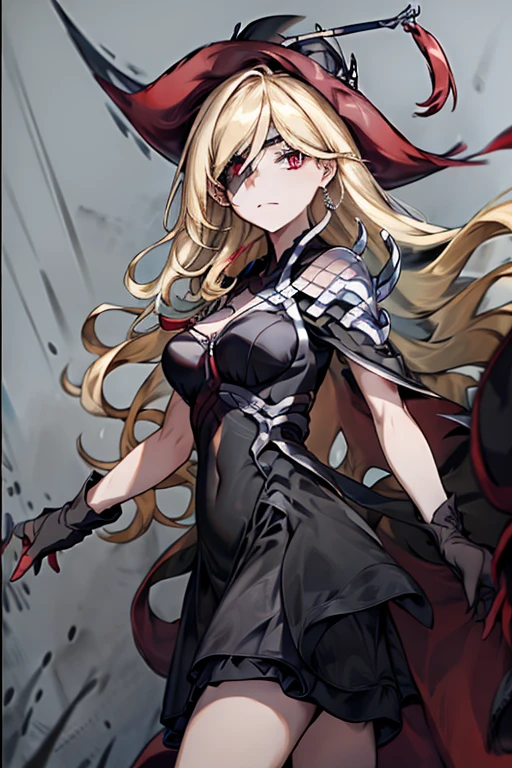 (masterpiece),  top quality ,  red eyes,  black ruffle dress,  black border on dress , black gloves and shoes ,  wave hair,  blonde hair color、 cowboy shot, (( black dress)) ,masterpiece.  top quality .  a woman in a long black dress. (( red eyes)). She has blond hair . Realistic hand.  detailed hands .  beautiful eyes,  Gothic Dress