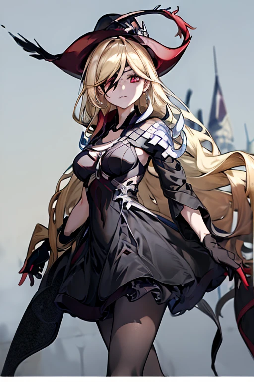 (masterpiece),  top quality ,  red eyes,  black ruffle dress,  black border on dress , black gloves and shoes ,  wave hair,  blonde hair color、 cowboy shot, (( black dress)) ,masterpiece.  top quality .  a woman in a long black dress. (( red eyes)). She has blond hair . Realistic hand.  detailed hands .  beautiful eyes,  Gothic Dress