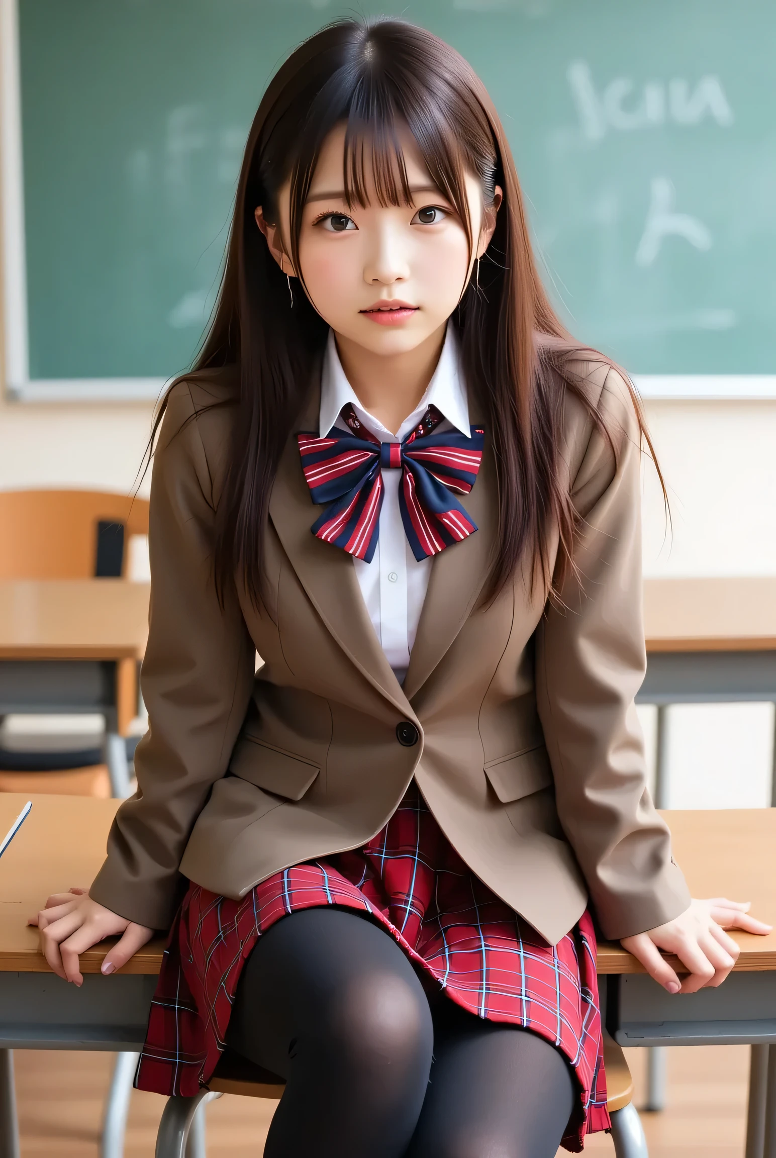 1girl, black legwear, blazer, bow, bowtie, brown eyes, brown hair, brown jacket, chair, chalkboard, classroom, desk, indoors, jacket, loafers, looking at viewer, photo \(medium\), plaid, plaid bow, plaid skirt, red skirt, school desk, school uniform, shoes, skirt, solo