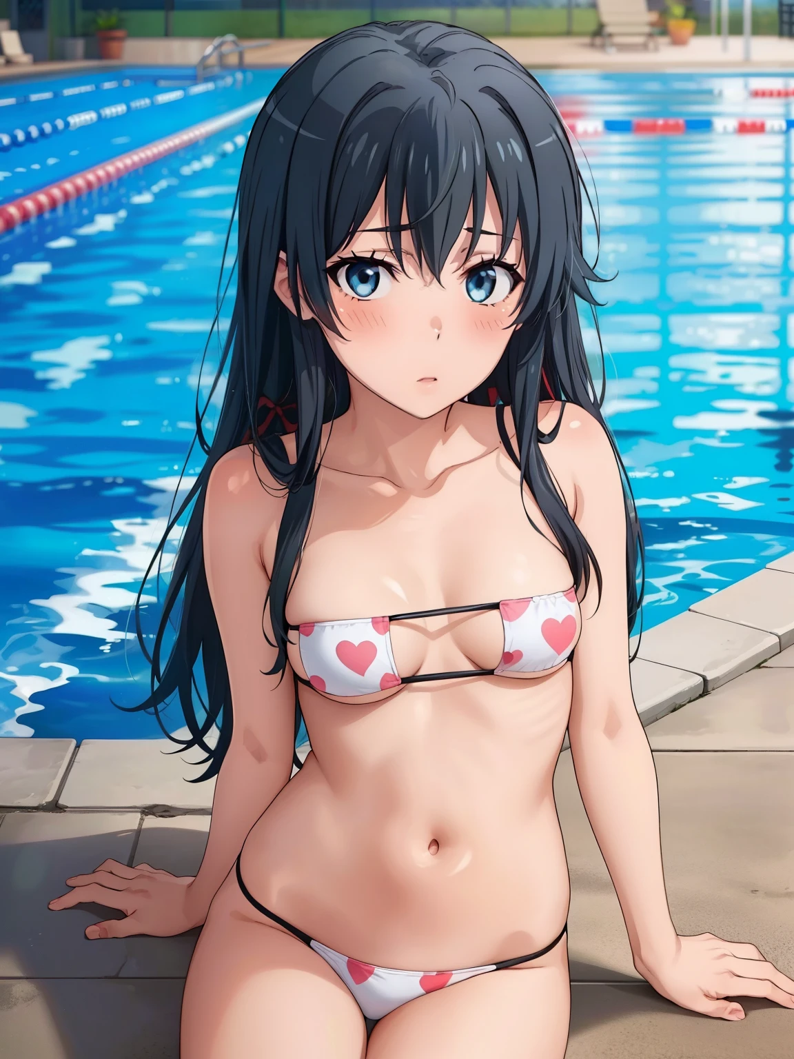 (( top quality ,  high definition ,   Perfect Pixel,  4K)),  (Beautiful anime),  is written by、
 watching viewers , 
 perfect body, 

 yukinoshita yukino ,  small tits、


white bikini, Groin、one-heart print bikini, 

(blush:1.3)、

 Watch viewers, 

 school pool、Outdoor、