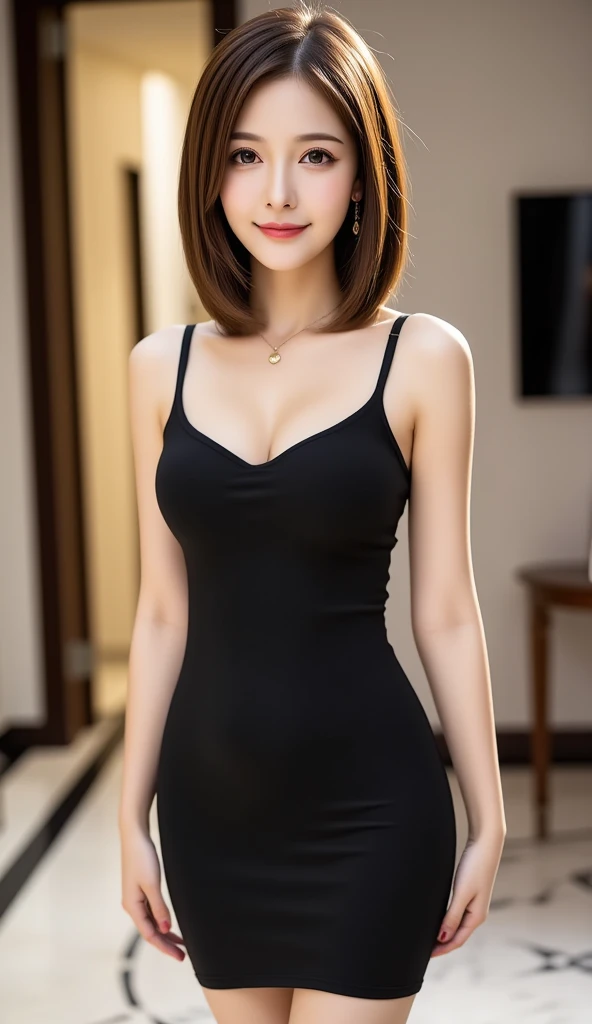 12Ｋ、ＨＤＲ、  Japanese、 bit depth 10 bits  、  Standing posture wearing a black tight dress、 wearing red high heels、(  realistic  ,   photo realistic  :1.4), masterpiece,     Very Delicate and Beautiful    ,    very detailed,     very detailed目と顔,     beautiful detailed nose ,    beautiful detailed eyes ,    Cinematic Lighting,  light brown hair 、smile、   A woman who exudes mature sex appeal 、クリアホワイトスキン  、   happy face、 Portrait Style 、 full body photo、 tight waist 、 necklace、 earrings for women with first name、