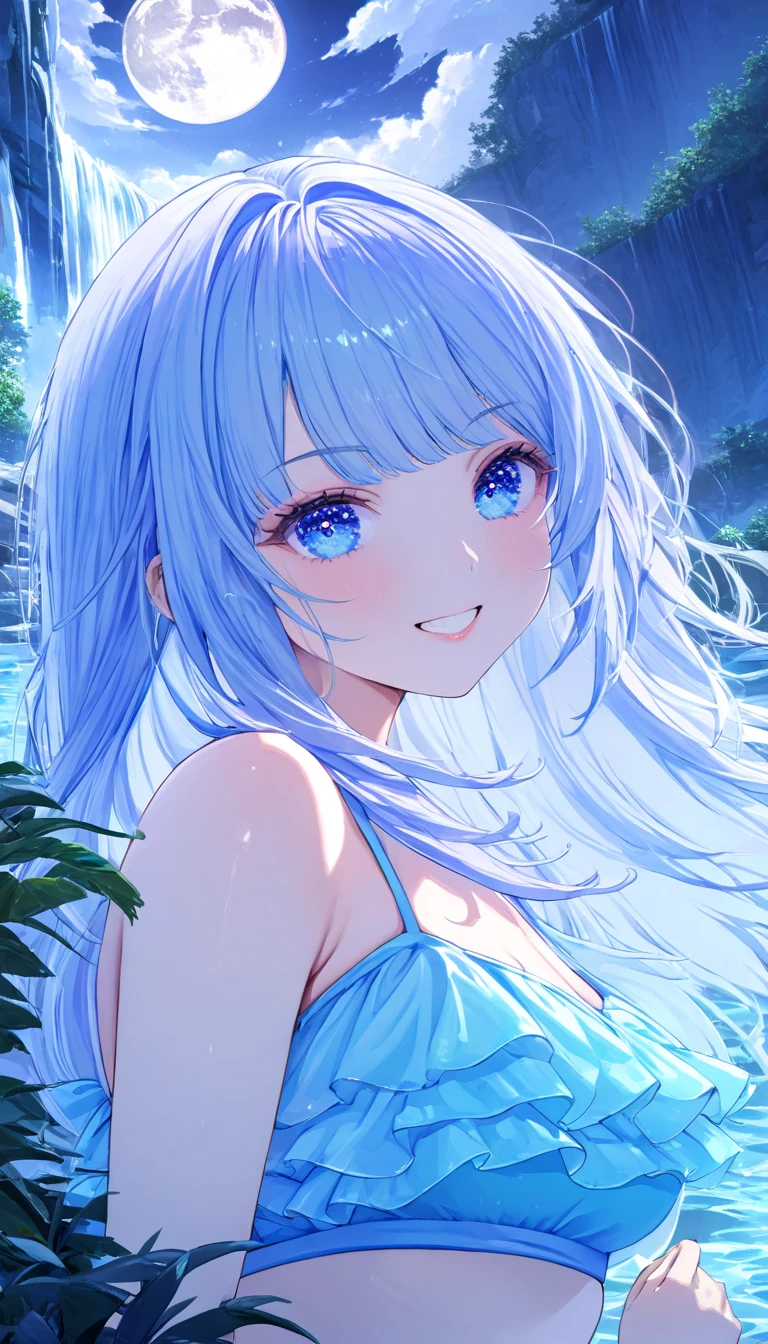 ((High resolution, accurate, Best Quality, masterpiece, Unity 8k wallpaper)), 1girl, portrait, gorgeous face, giant colored hair, perfect hair, bangs, perfect eye detail, happy expression, lips, smiling, teeth, ruffled bikini, bikini detail, thick legs, big thigh, possession, background scenery, river, dark night, night light, moon, cloud, clear blue water, baby blue water floor, ultra detailed water, environment details, plants on the sides, waterfall in the background, waterfall details, almost transparent water, fish in the water