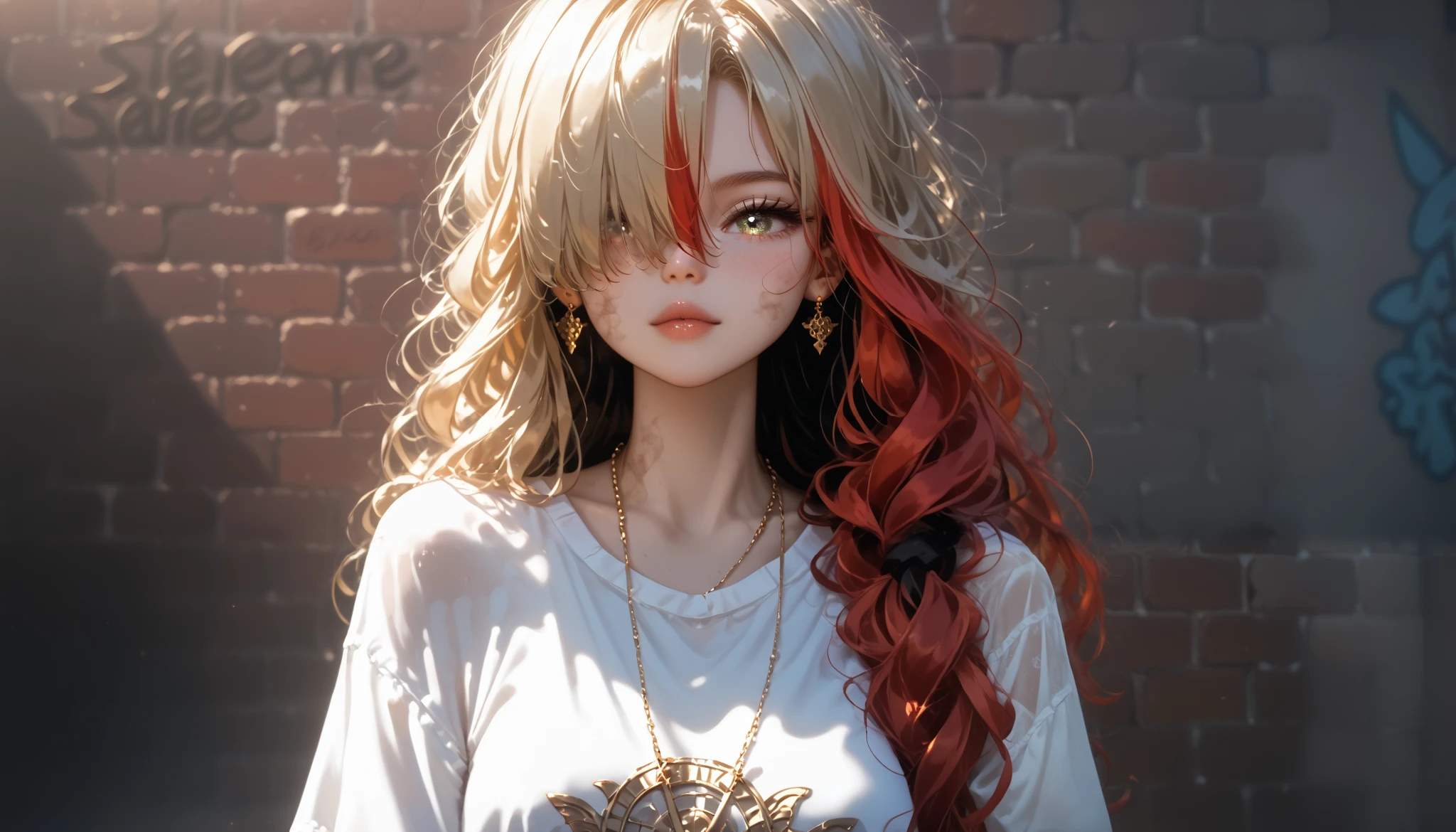 ультра реалистичное 8k cg, masterpiece, ((ultra detailed background, delicate pattern, complex part)), Best quality, complex parts, chromatic aberration, 1 girl, long hair, Golden hair, dirty hair, red highlights, hair over one eye, keen eyes, necklace, Brick wall, graffiti, dim lighting, lane, oversized shirt,from the shoulder, see through a white shirt, masterpiece, Best quality, Shine, score_9, score_8_up, score_7_up