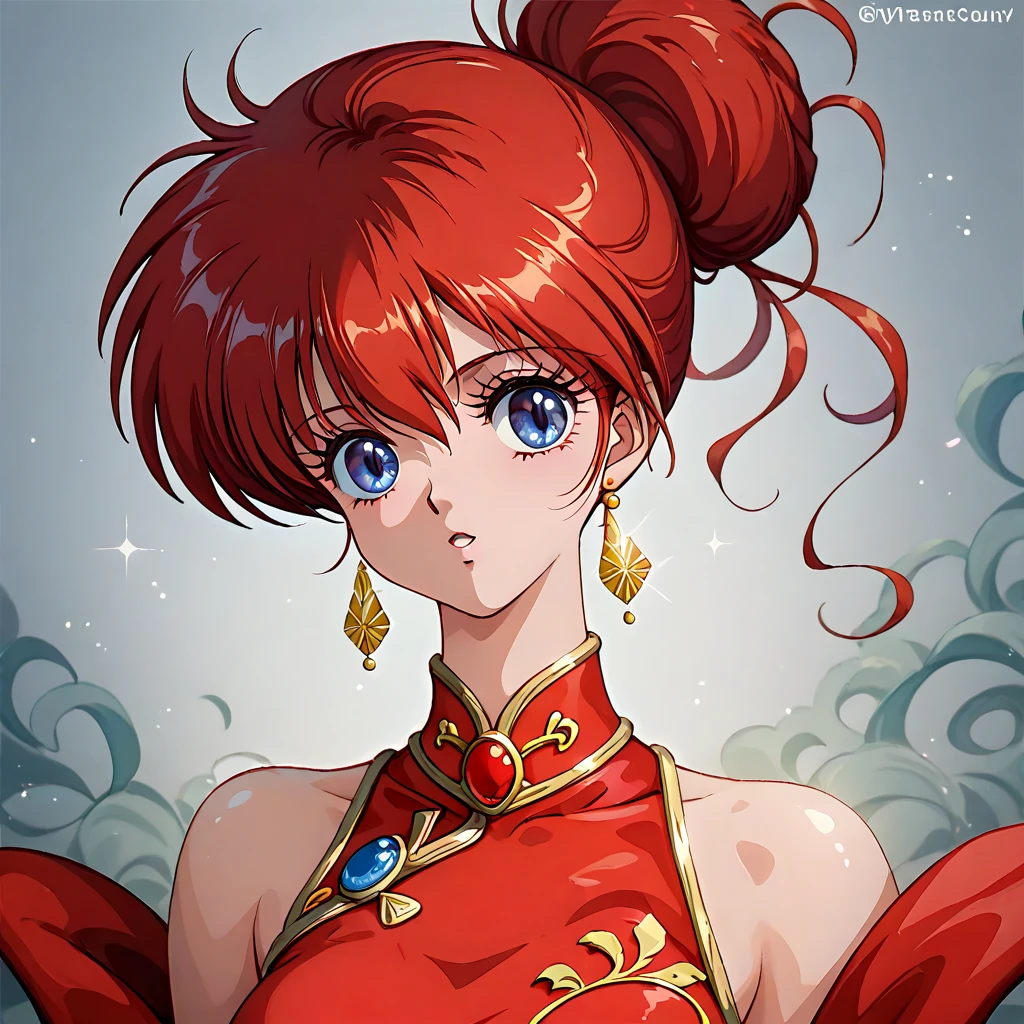 (( top quality )), ((masterpiece)), ( Details), （ perfect face）、Yoko Asagiri with red hair is wearing a Chinese red long slit Chinese dress with gorgeous and sexy gold embroidery and edging