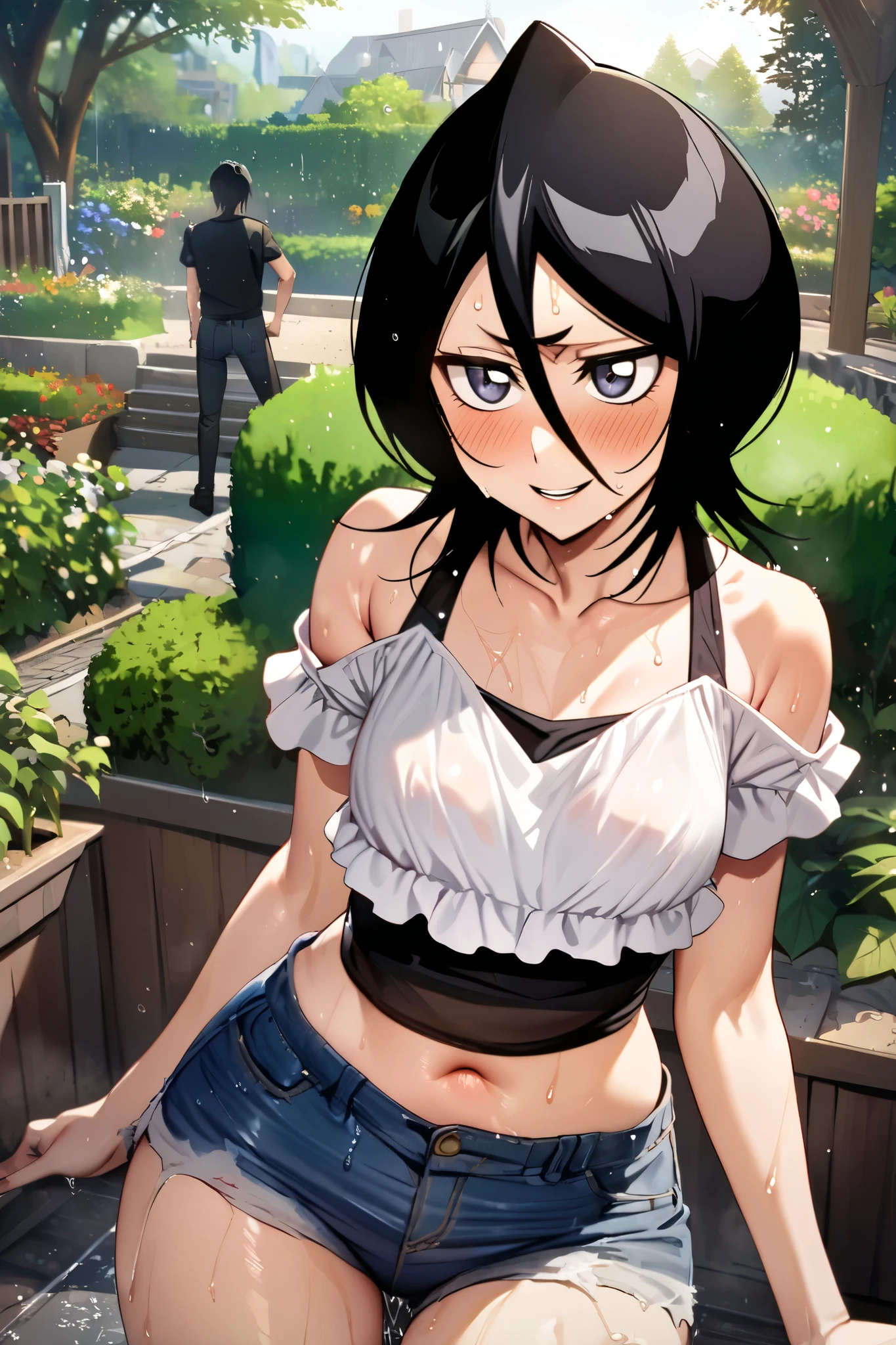 NSFW,masterpiece, top quality , high definition , very detailed, Kuchiki Rukia \(BLEACH\), short hair, black hair、 hair between eyes, Casual , crop top, Denim Shorts,blush,smile,sweat,garden,It's falling after the rain, wet