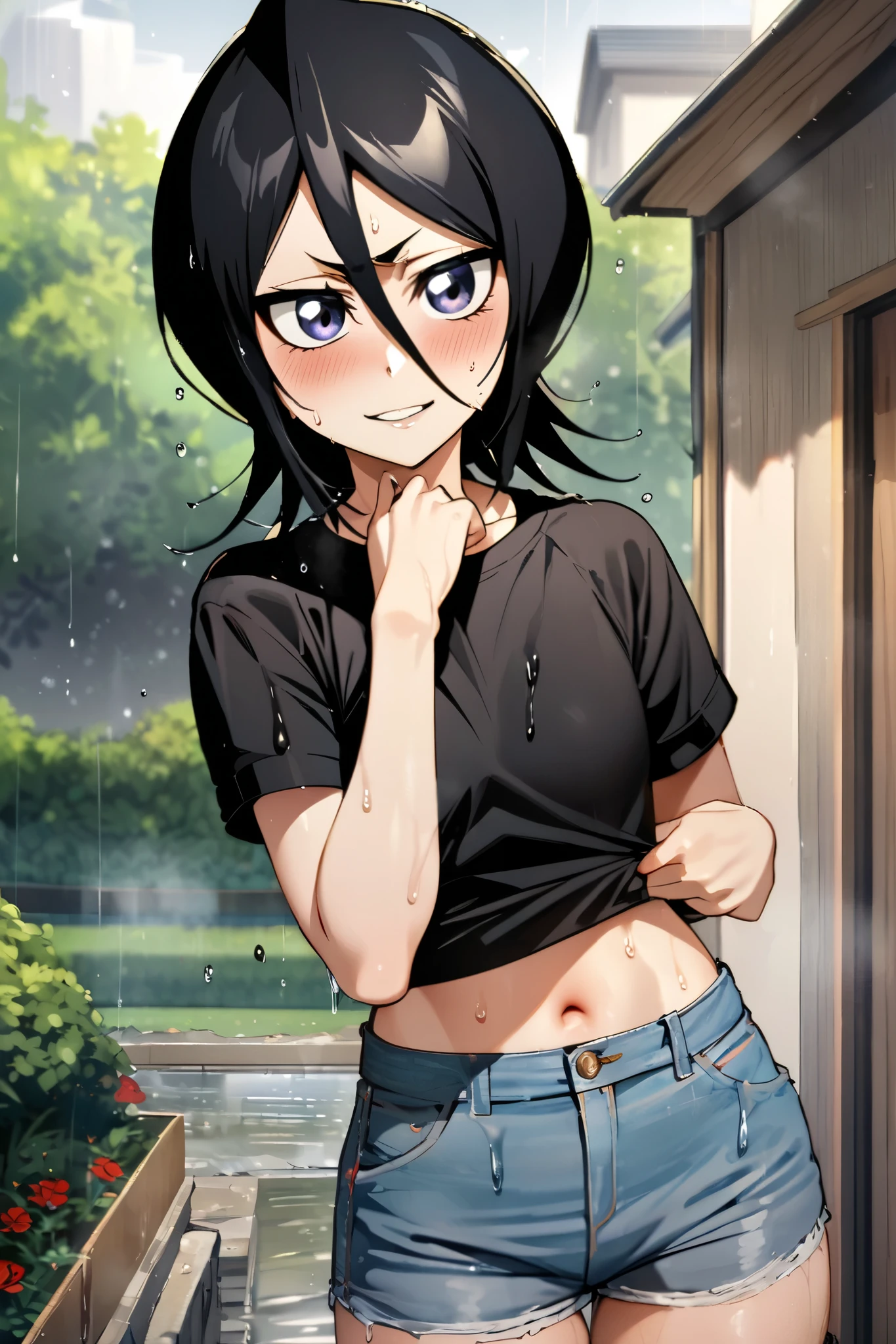 NSFW,masterpiece, top quality , high definition , very detailed, Kuchiki Rukia \(BLEACH\), short hair, black hair、 hair between eyes, Casual , crop top, Denim Shorts,blush,smile,sweat,garden,It's falling after the rain, wet